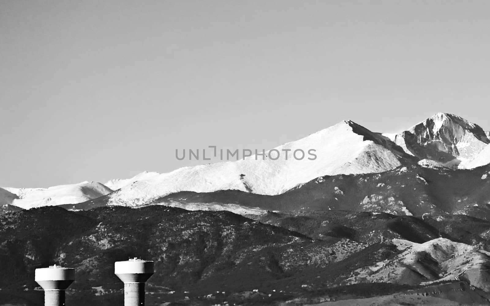 Black and white image of Long's Peak in the Rocky Mountain National Park located in north central Colorado, USA.