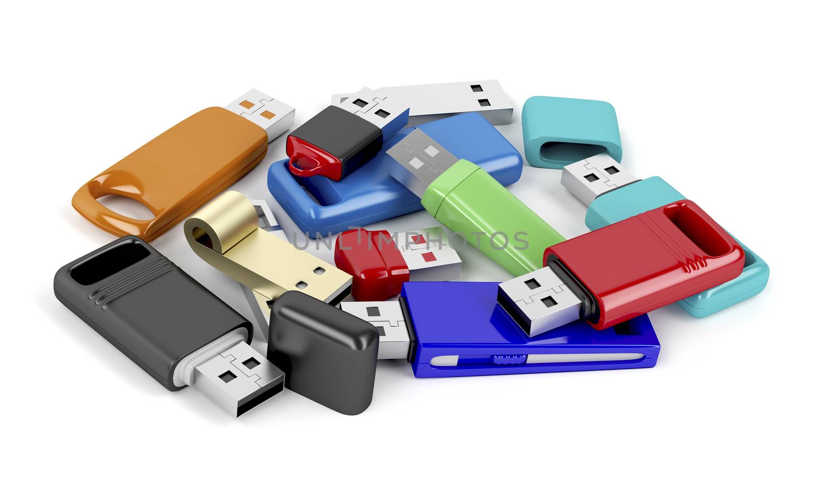 Bunch of usb memory sticks with different designs and colors 