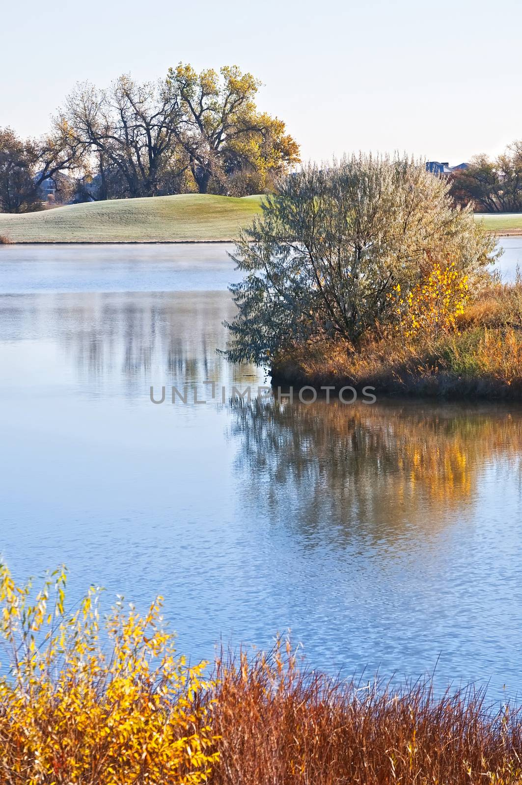 Light frost covers the grass on a cold autumn morning at a golf course
