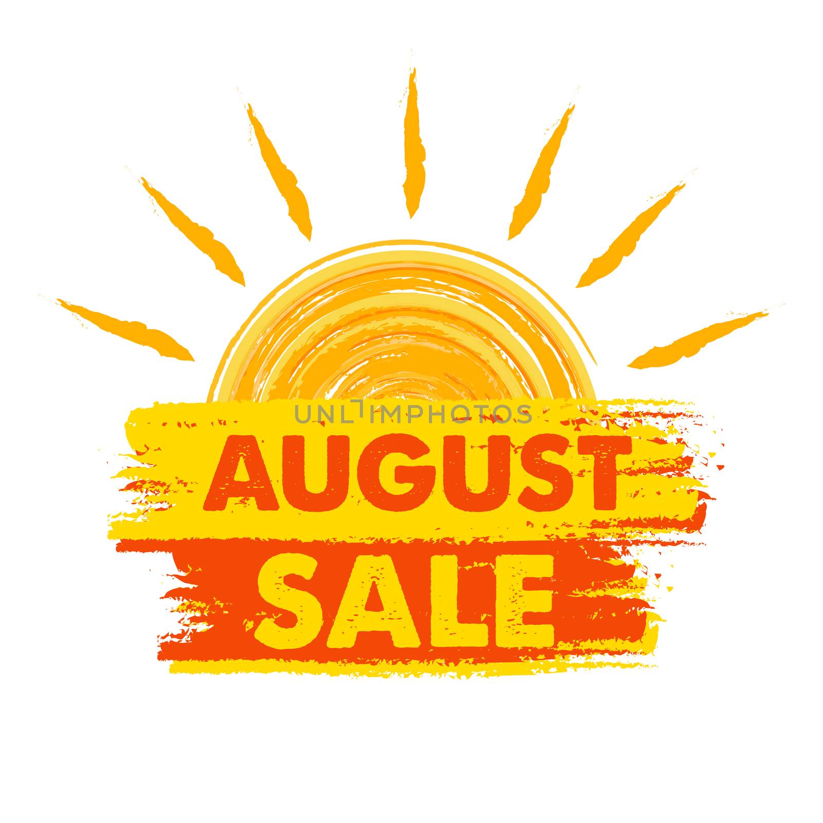 august sale with sun sign, yellow and orange drawn label by marinini