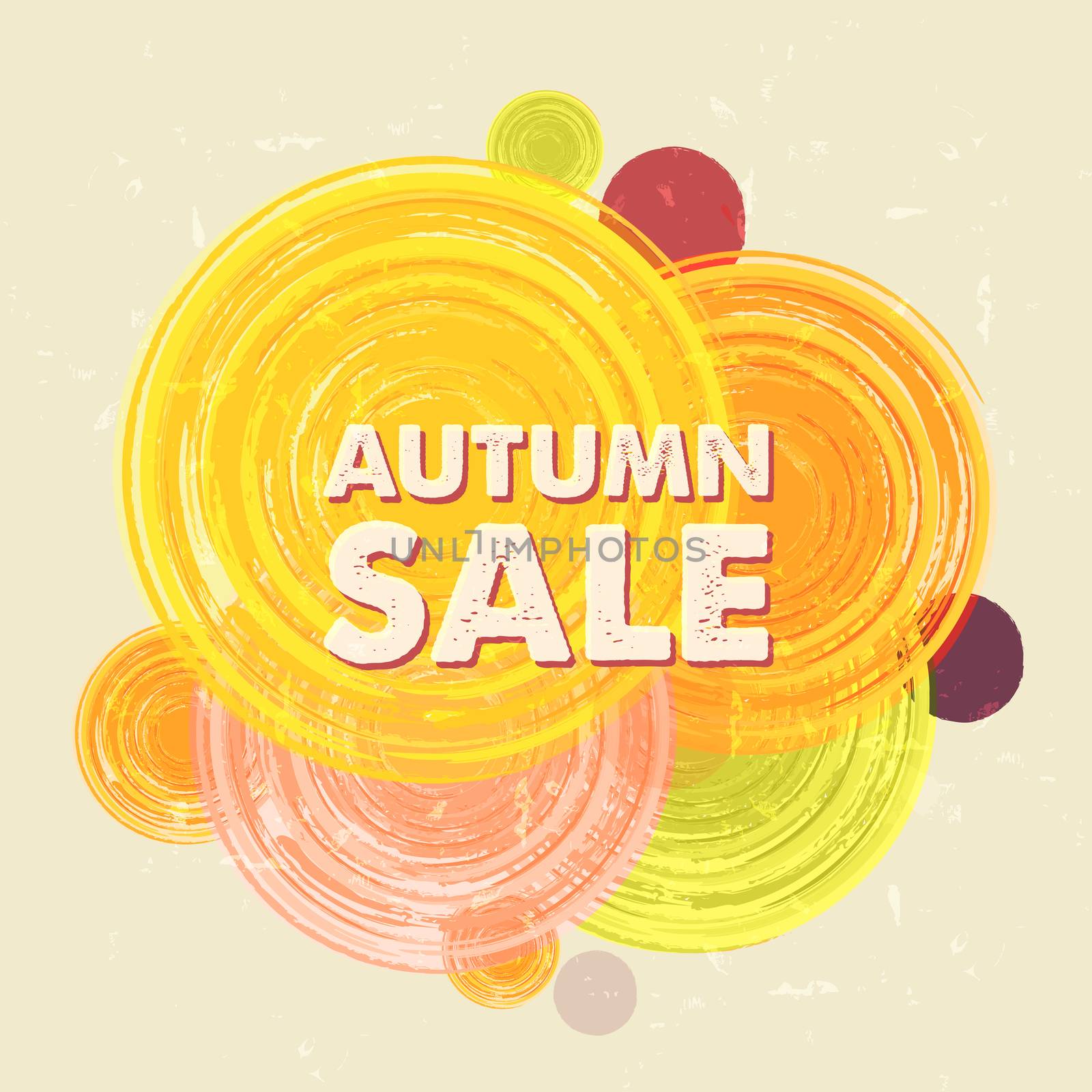 autumn sale with circles, business seasonal shopping concept in colorful grunge drawn flat design label