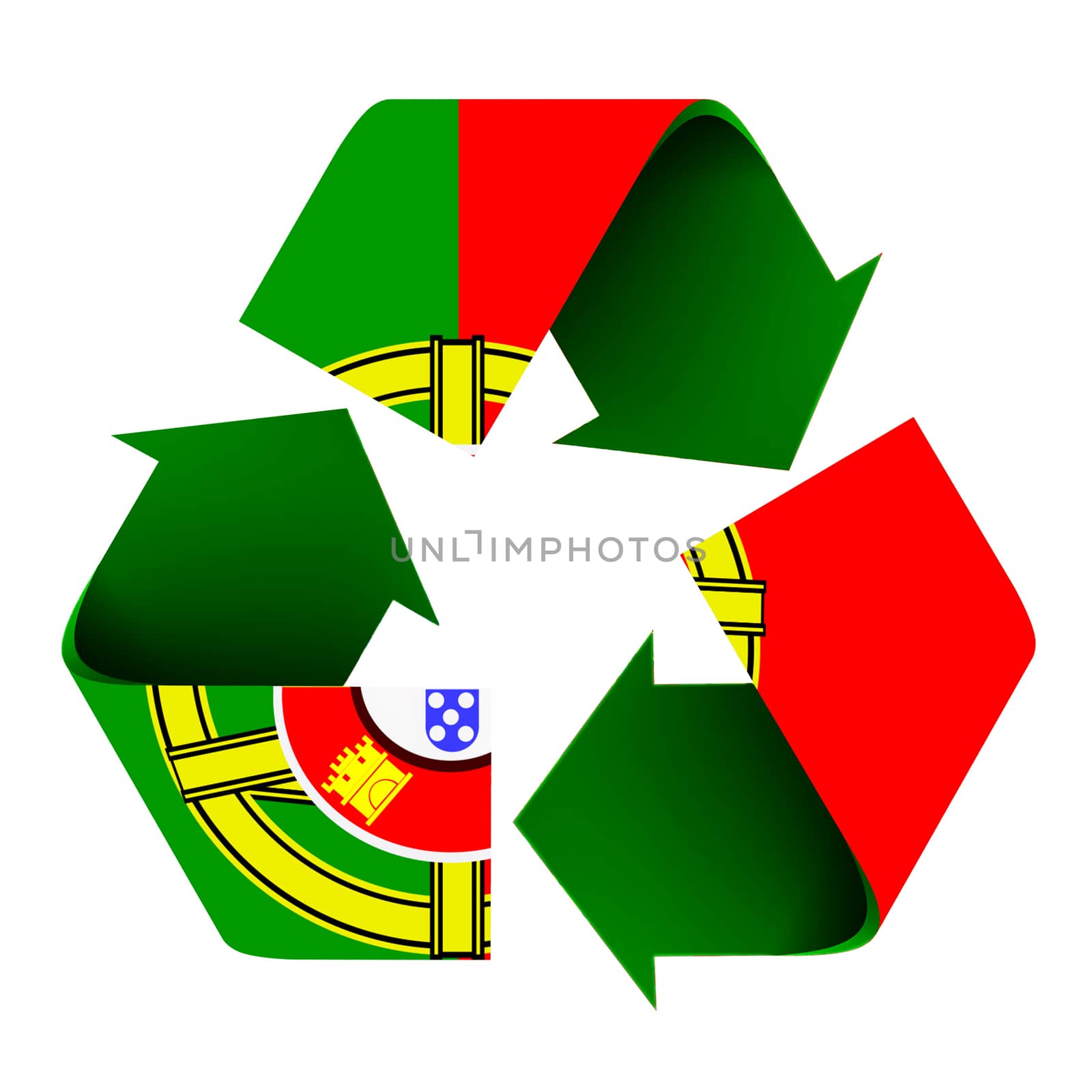 Flag of Portugal superimposed on a recycle symbol. Isolated on a white background.