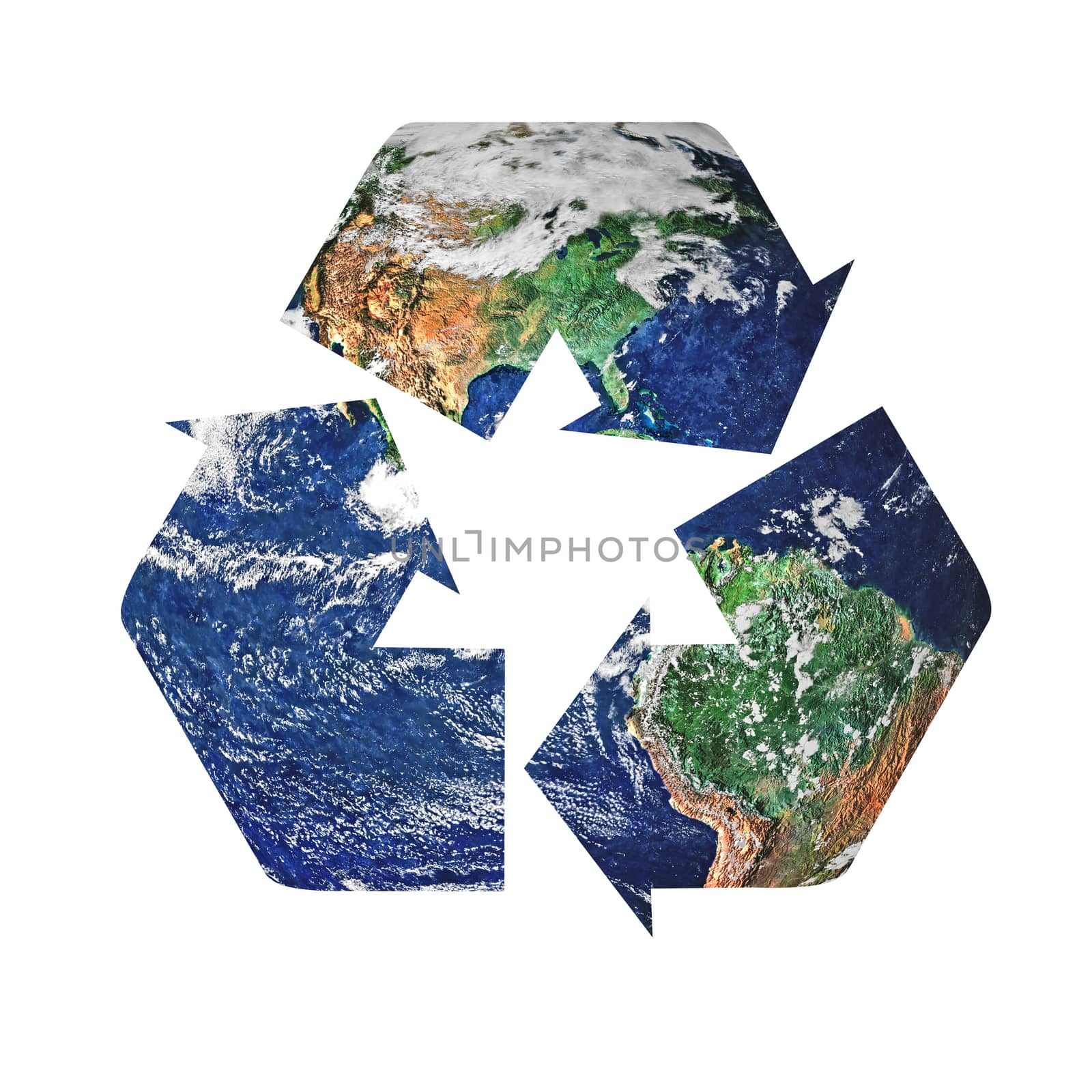 Recycle symbol superimposed upon the planet earth. Isolated on a white background