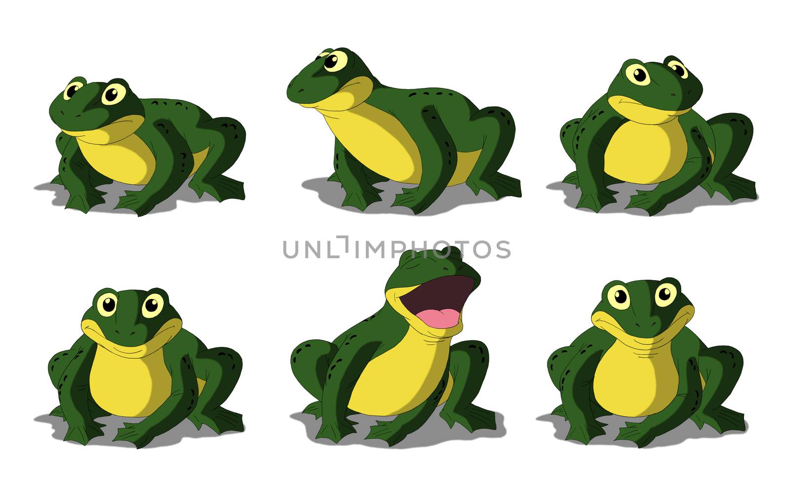 Set of green frogs separate images. Digital painting  full color cartoon style illustration isolated on white background.