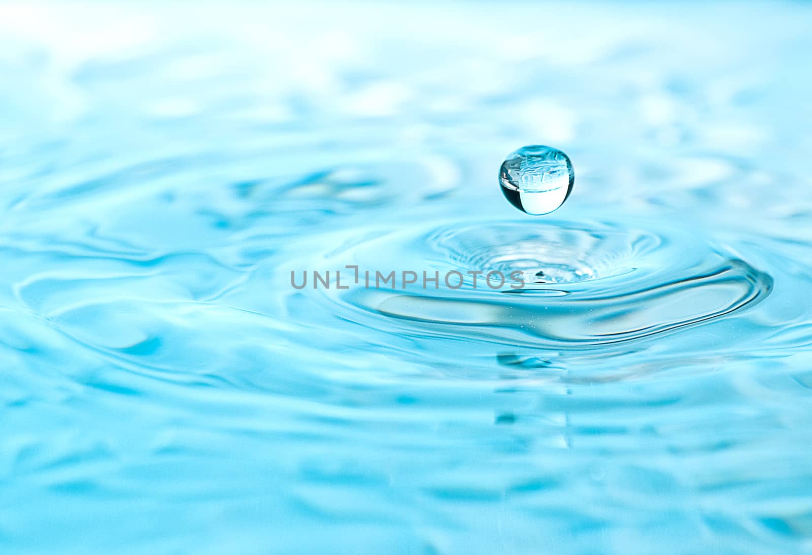 Stop action of a water drop in clear aqua colored water