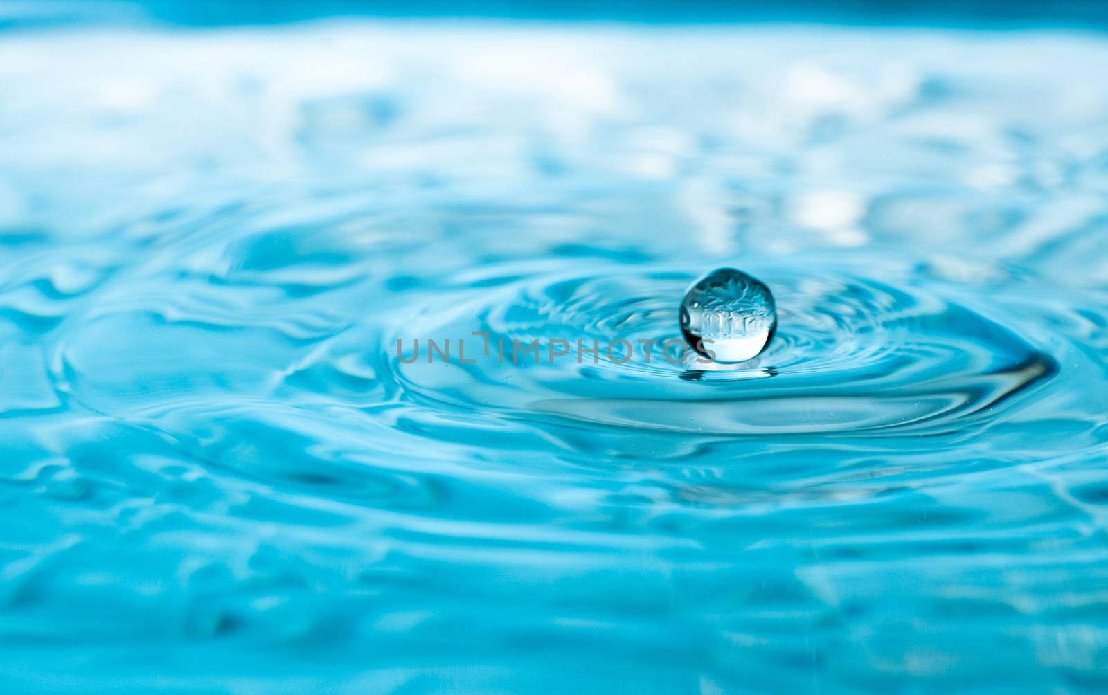 A water drop appears to float on the surface of the water