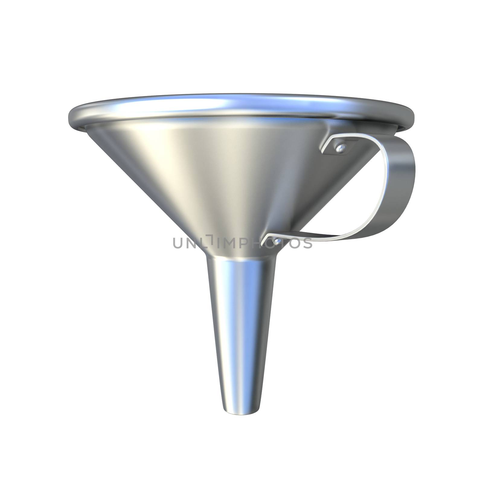 Steel funnel. 3D render illustration, isolated on white. Side view