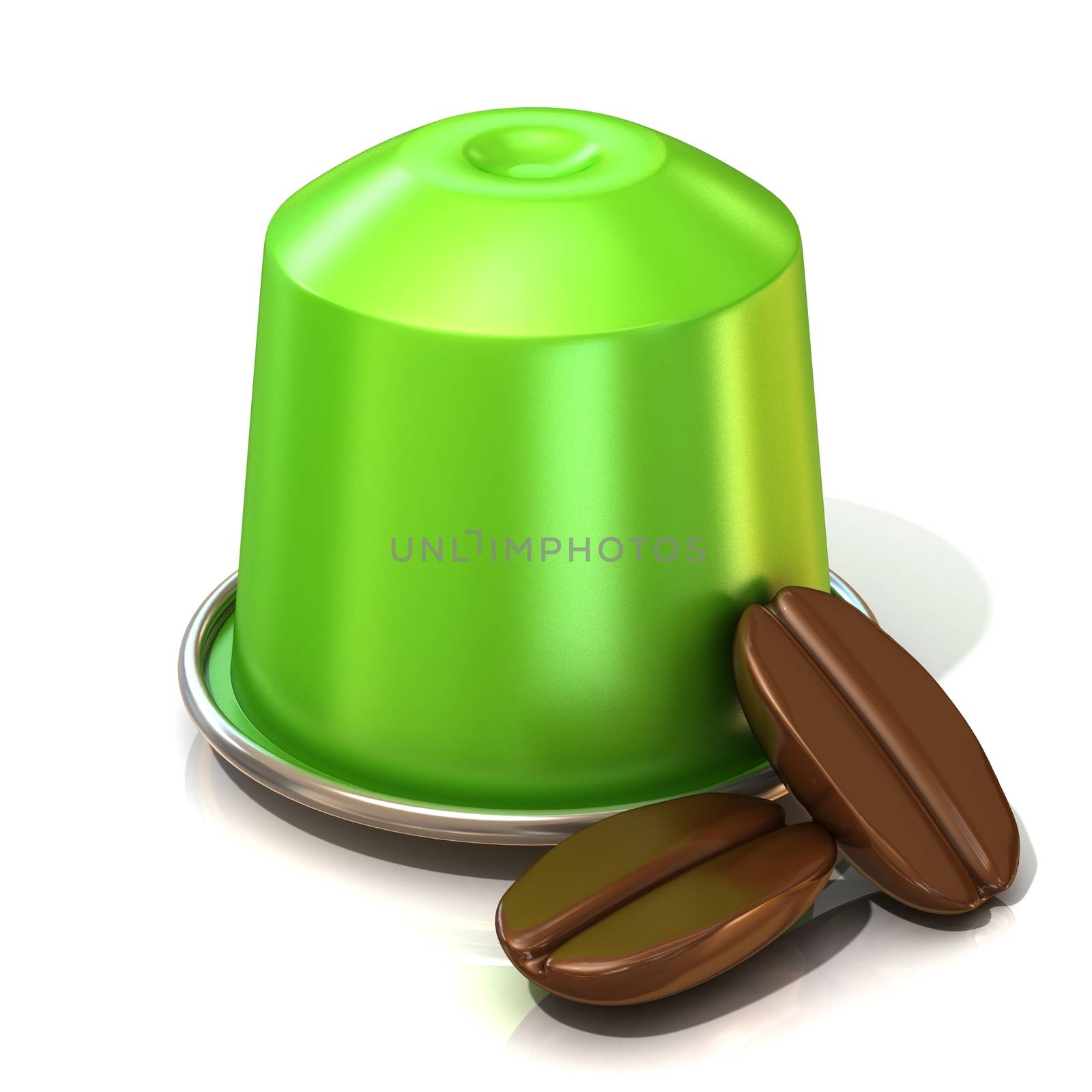 Green coffee capsule with two coffee beans. 3D render, isolated on white background. Front view