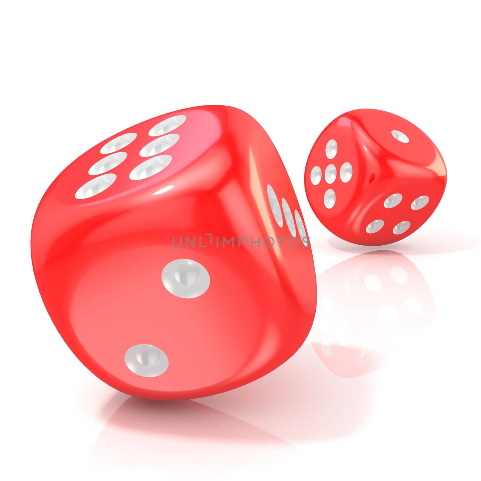 Two red game dices. 3D render illustration isolated on white background