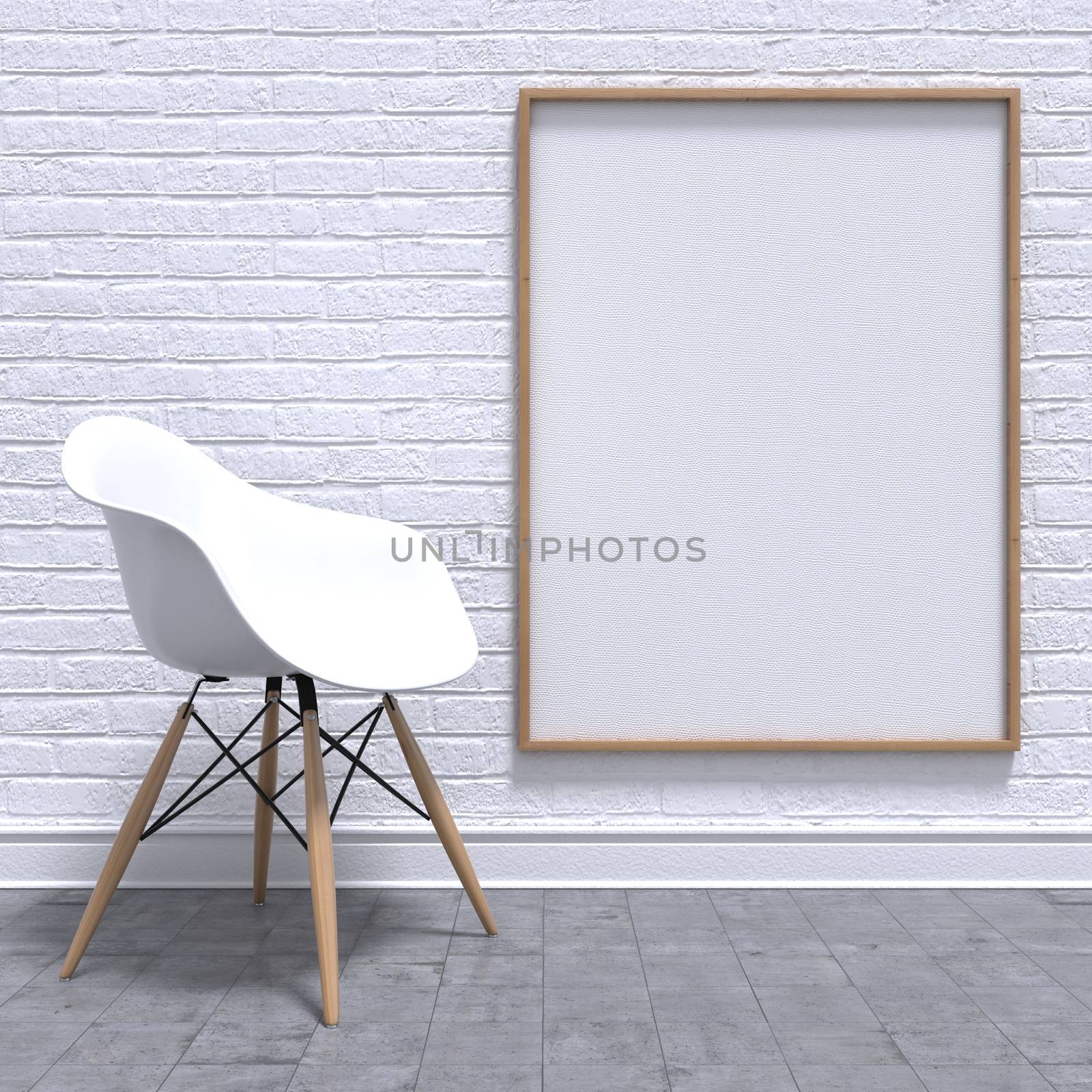 Blank white photo frame with chair. Mock-up render illustration