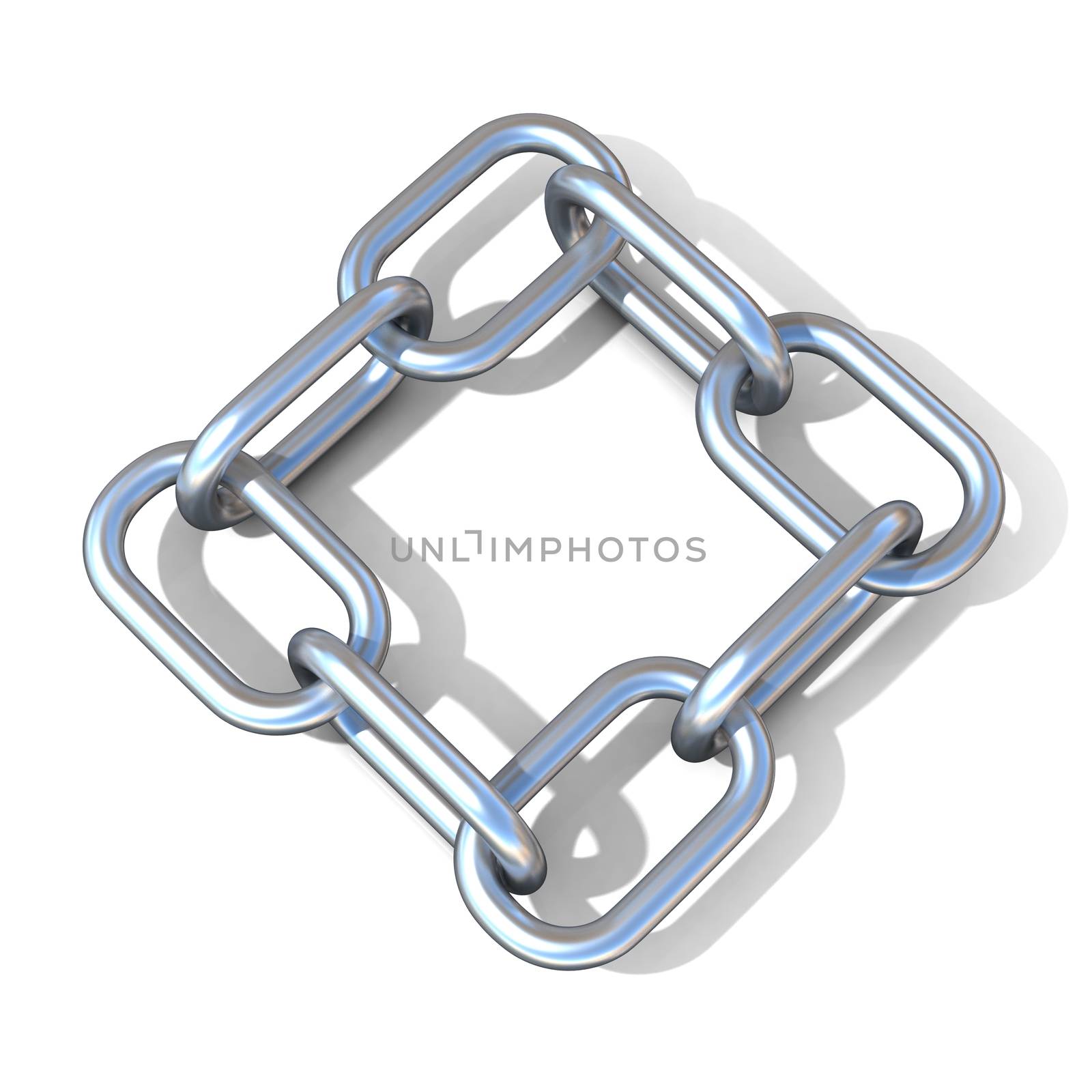 Abstract 3D illustration of a steel chain link isolated on white background. Top view