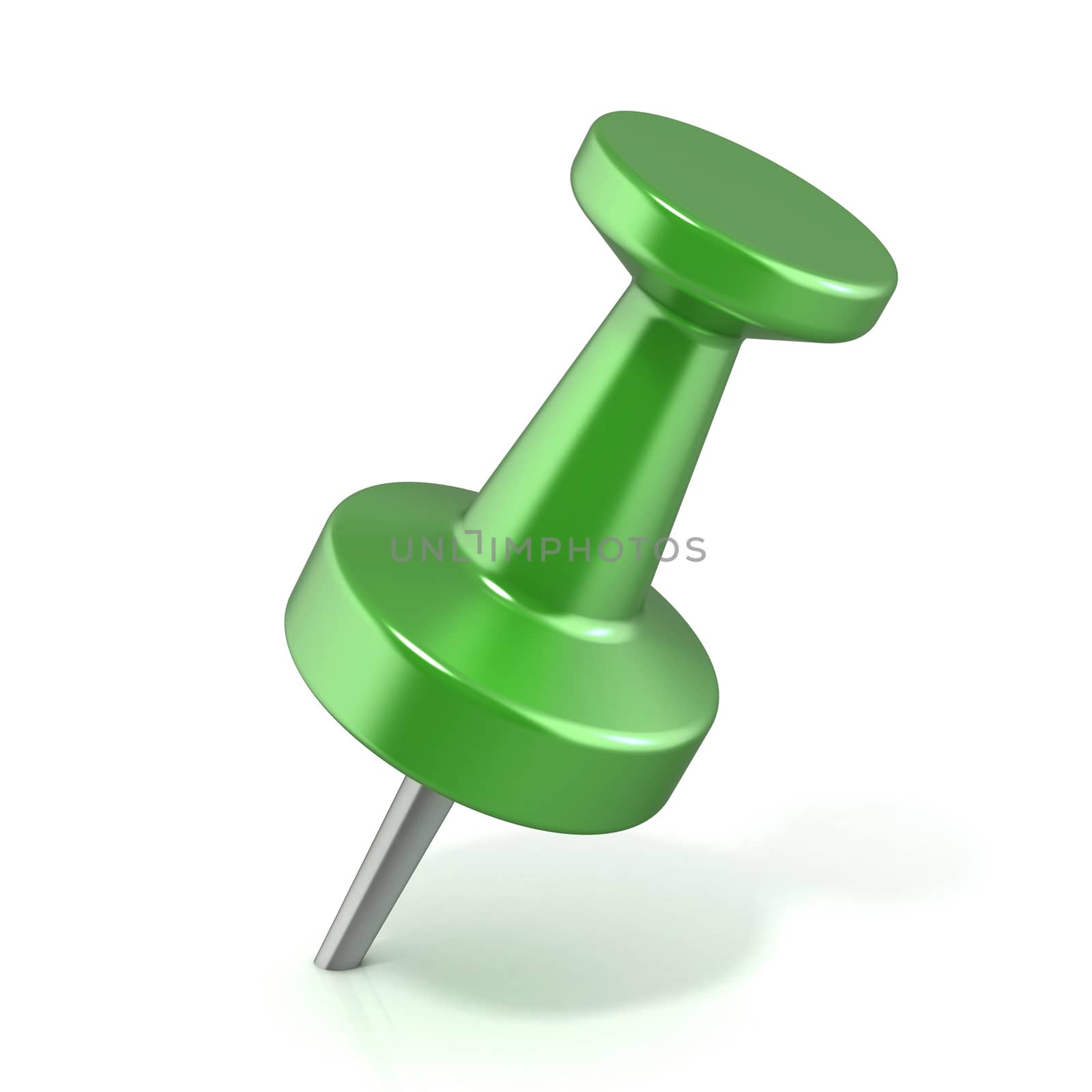 Green pushpin, stabbed.3D render illustration isolated on white background.