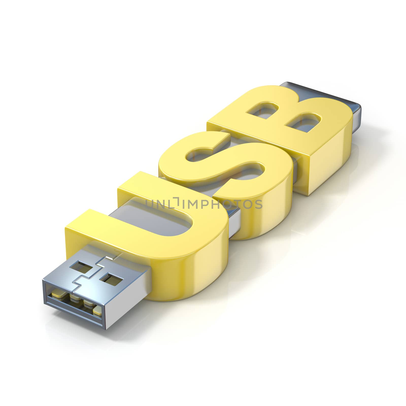 USB flash memory, made with the word USB. 3D render illustration isolated on white background