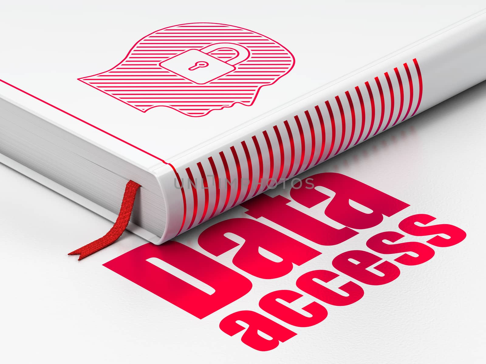 Data concept: closed book with Red Head With Padlock icon and text Data Access on floor, white background, 3D rendering