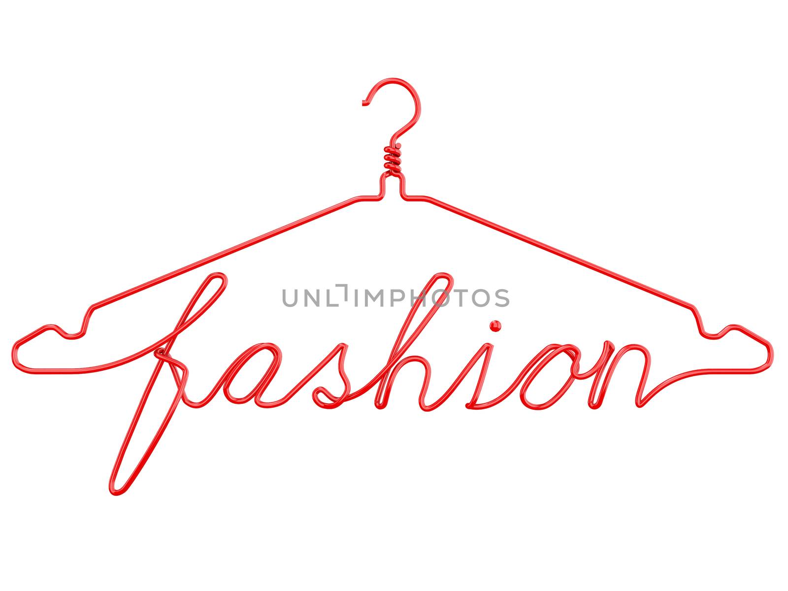 Red wire clothes hangers with message - FASHION. 3D render isolated on white background.