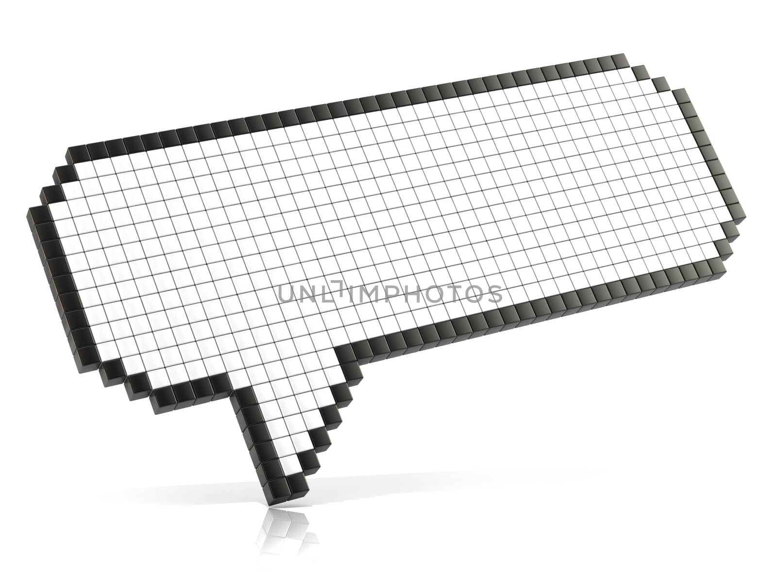 Pixel speech bubble made of glossy cubes. 3D render illustration isolated on white background