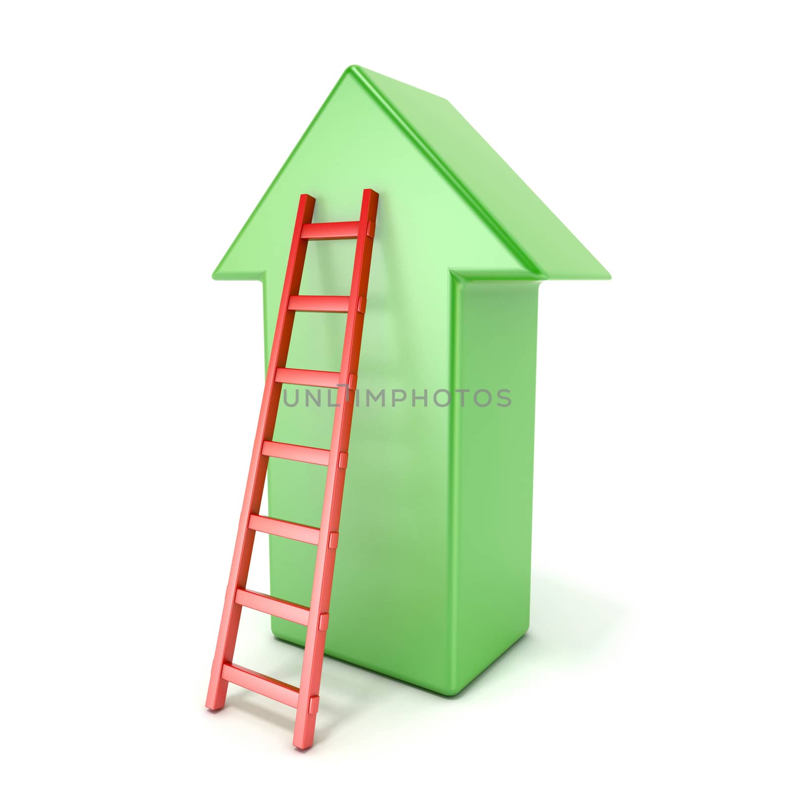 Ladder leading an green arrow. Success concept. 3D render illustration isolated on white background