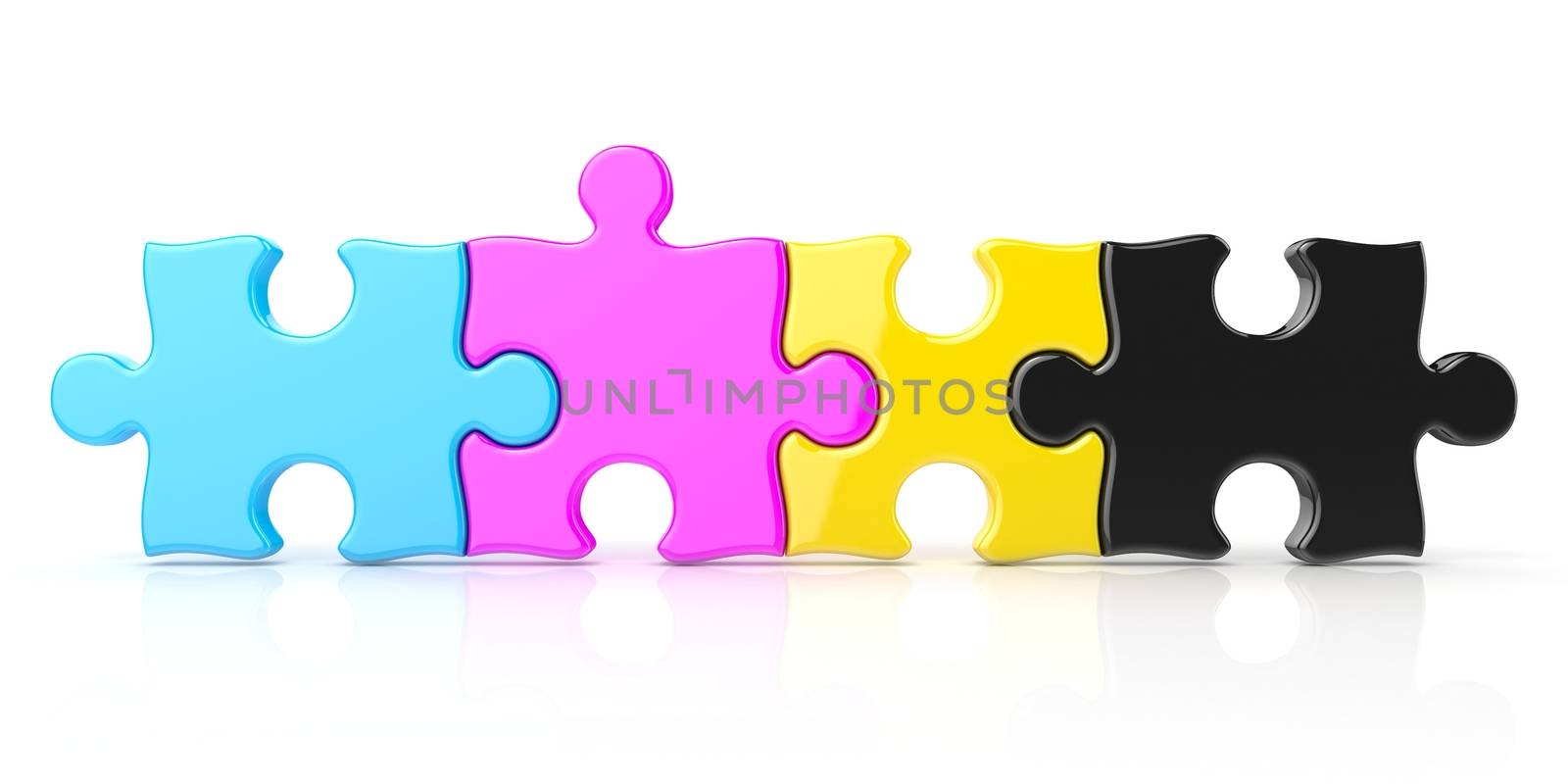 CMYK color puzzle row. 3D render illustration isolated on white background