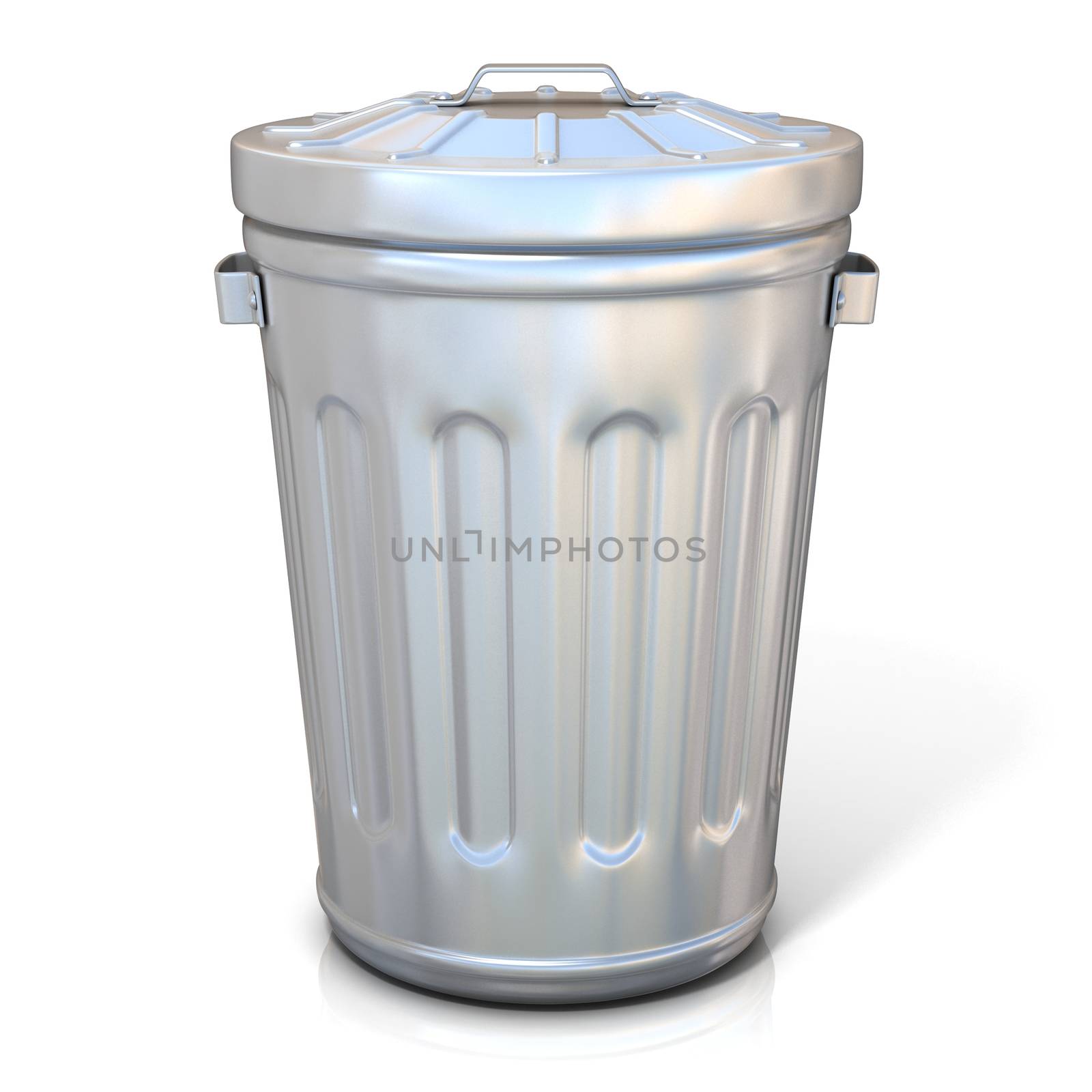 Steel trash can isolated on white background. Front view