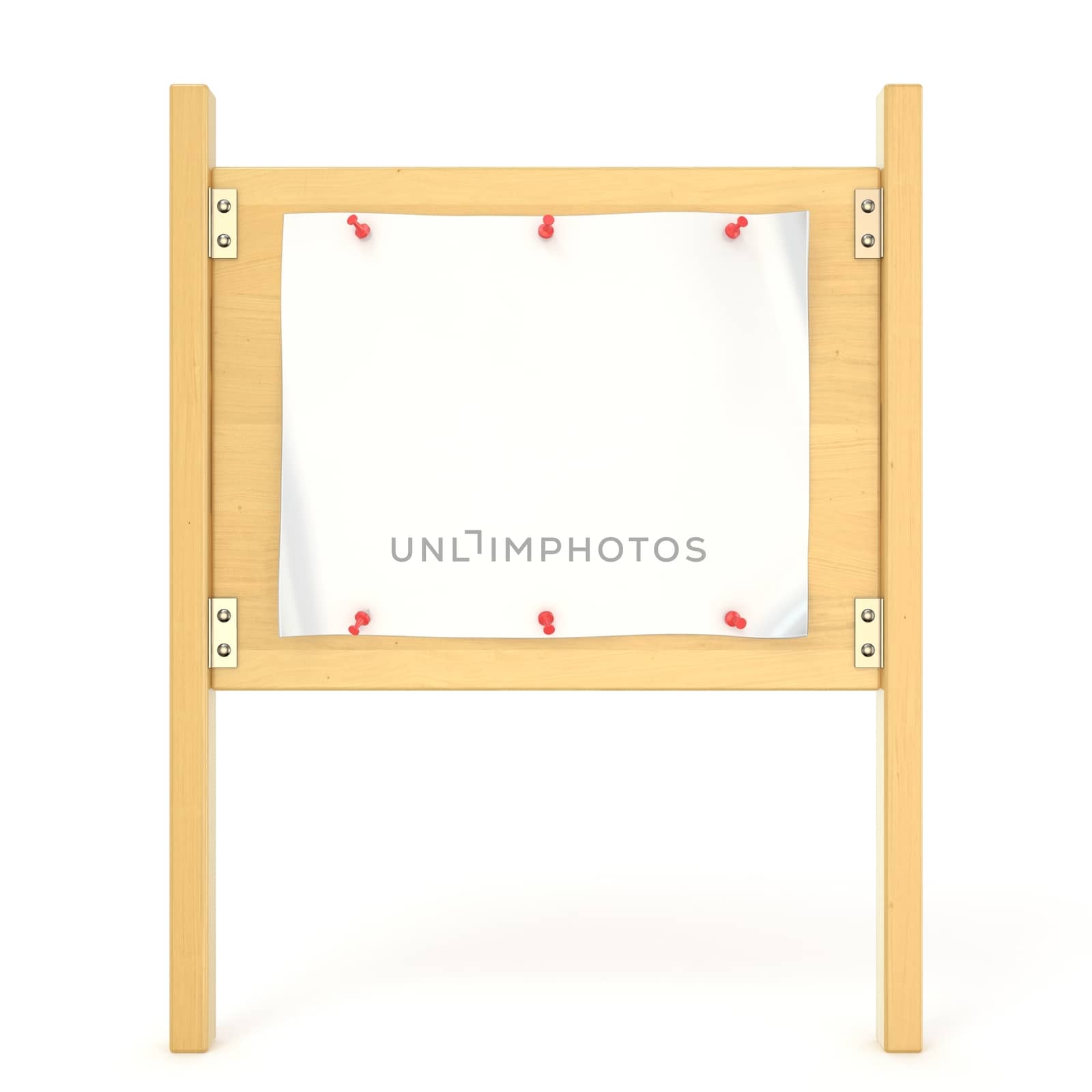 Wooden sign board with blank poster and red thumbtack. 3D render illustration isolated on white background