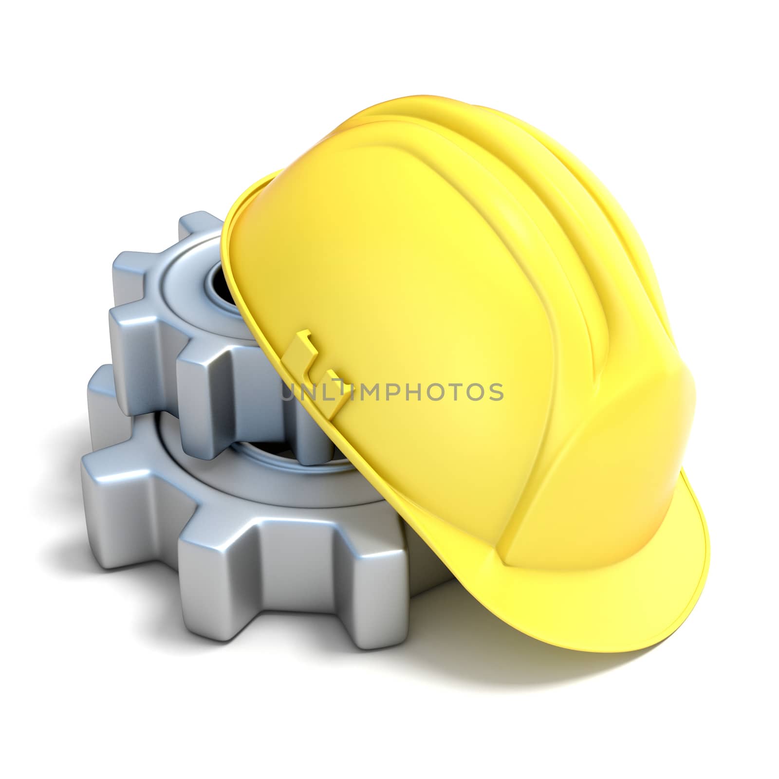 Machine gear with safe helmet. 3D render illustration isolated on white background