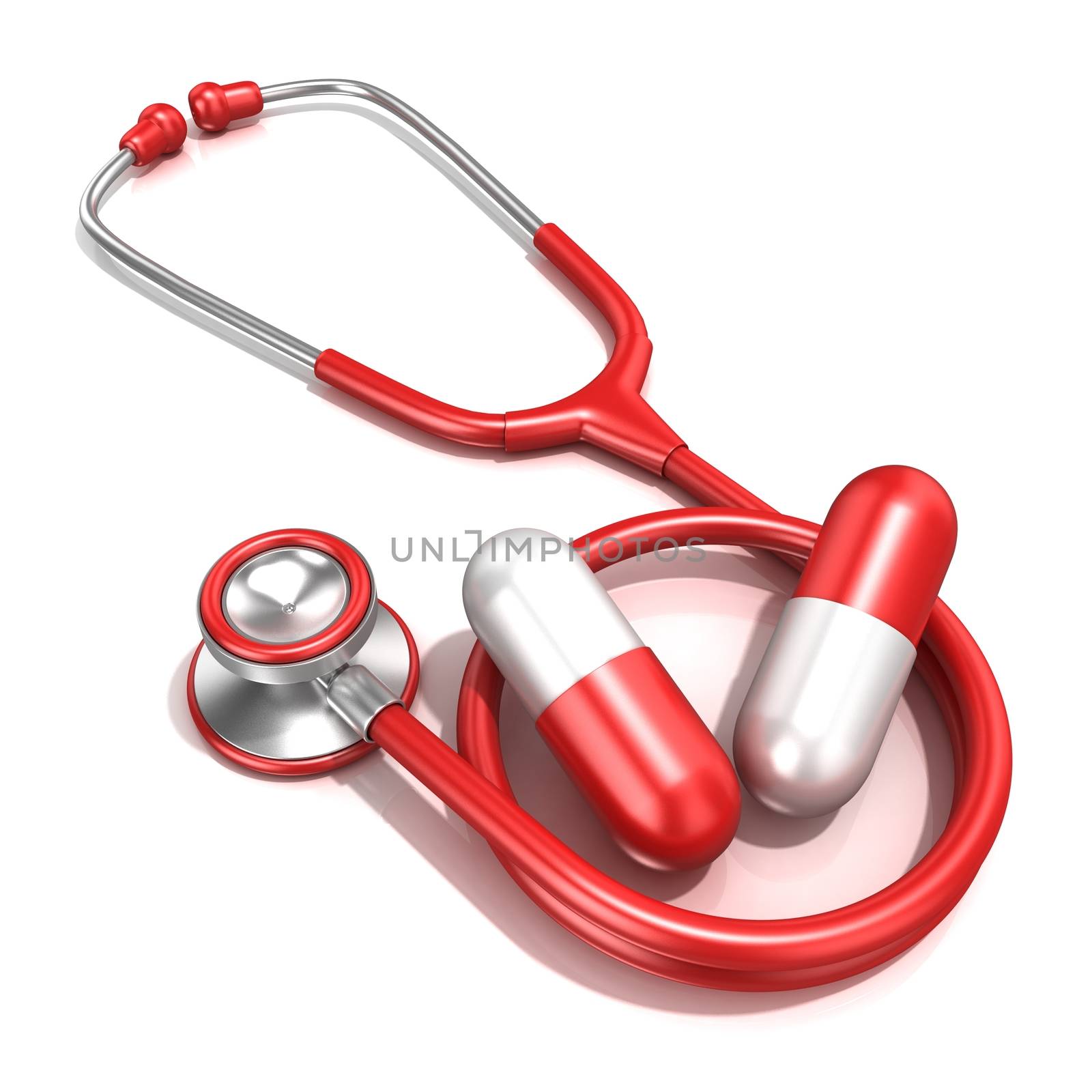 Red stethoscope with two big red pills, 3D by djmilic