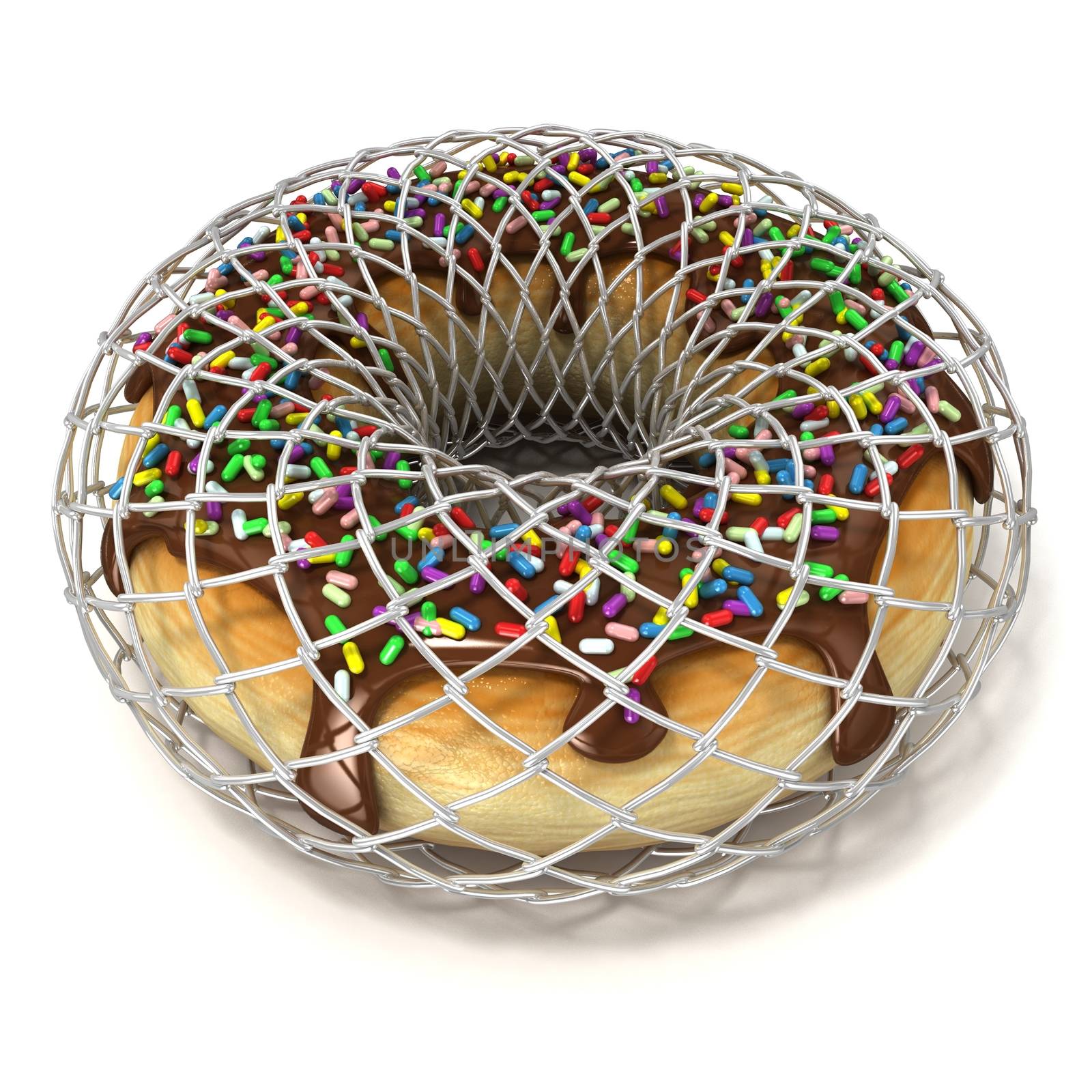 Chocolate donut with sprinkles in wire fence, as symbol of diet. Isolated on a white background