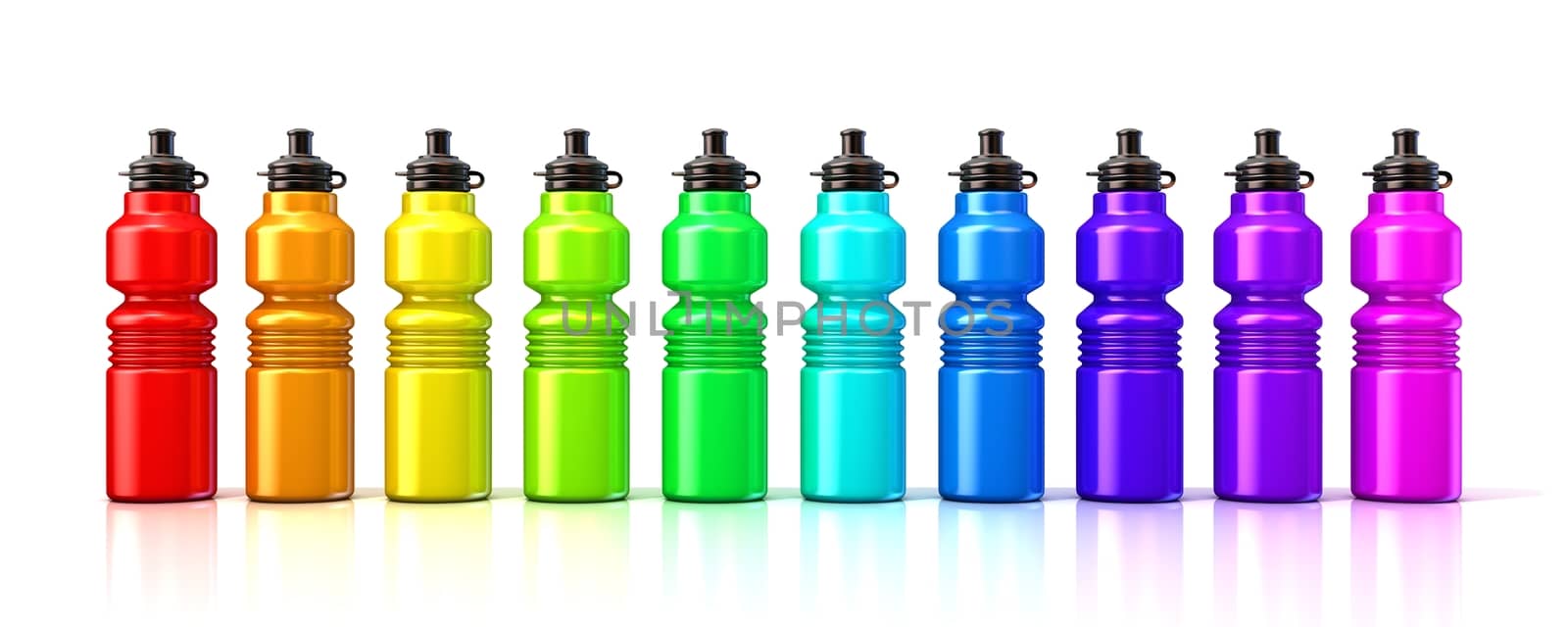 Colorful sport plastic water bottles. 3D render isolated on a white background