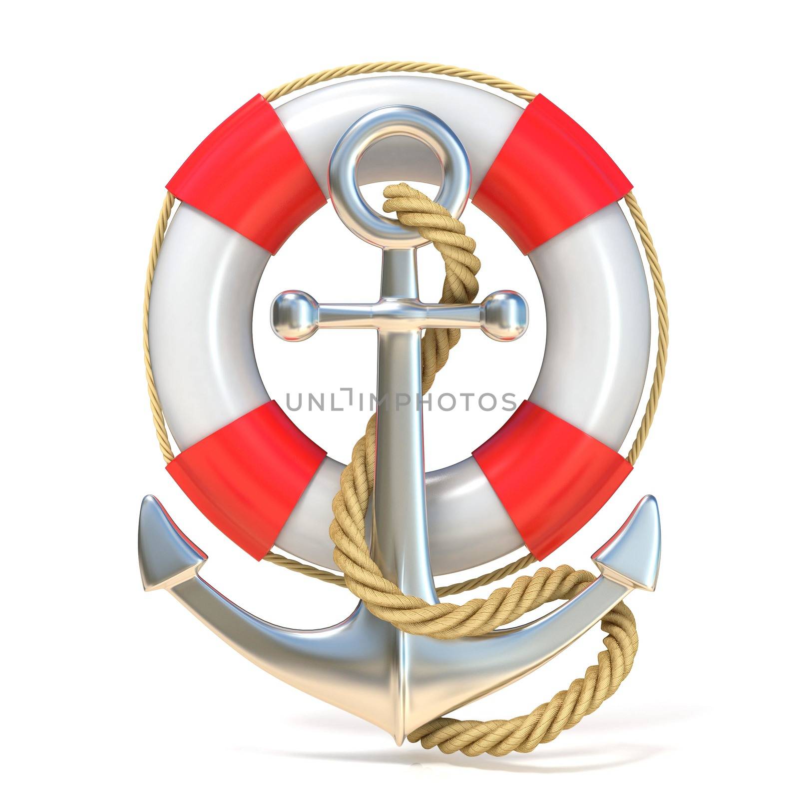 Anchor, lifebuoy and rope. 3D render illustration isolated on white background