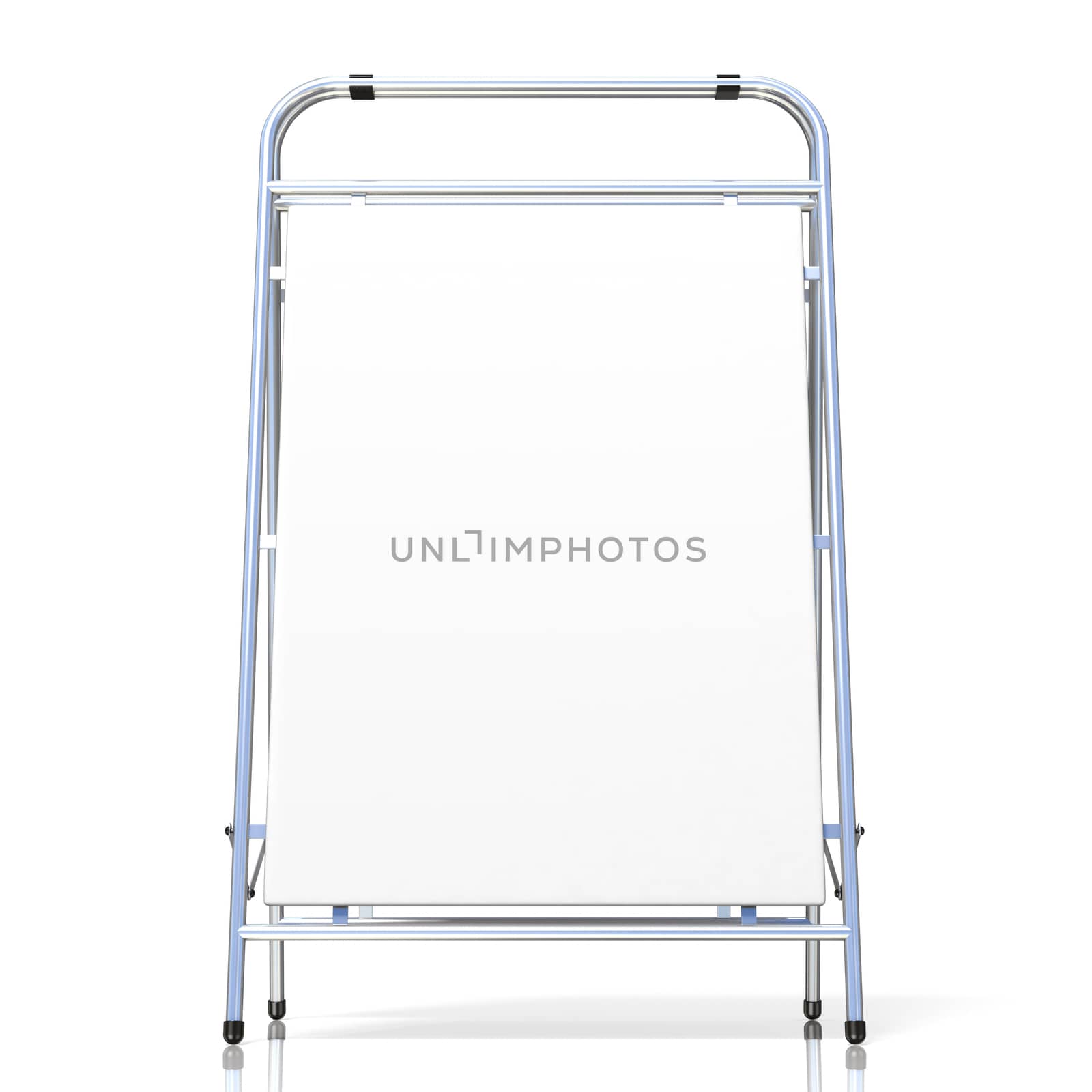 Metal advertising stand, with copy space board. Front view. 3D illustration isolated on white background