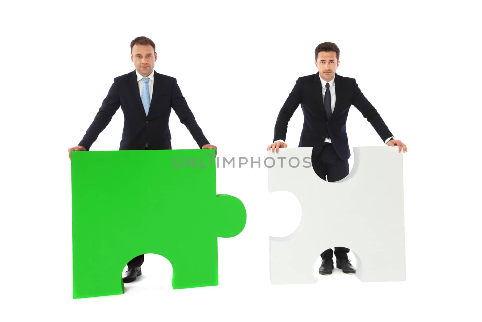 Business people with puzzle peices isolated on white background, business compatibility concept