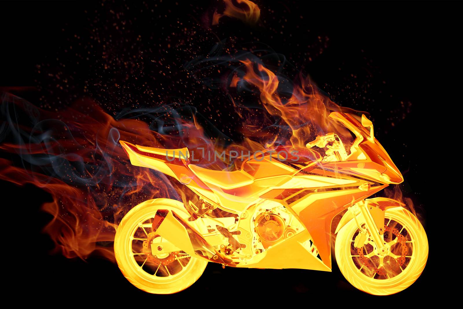 bike in fire on black background