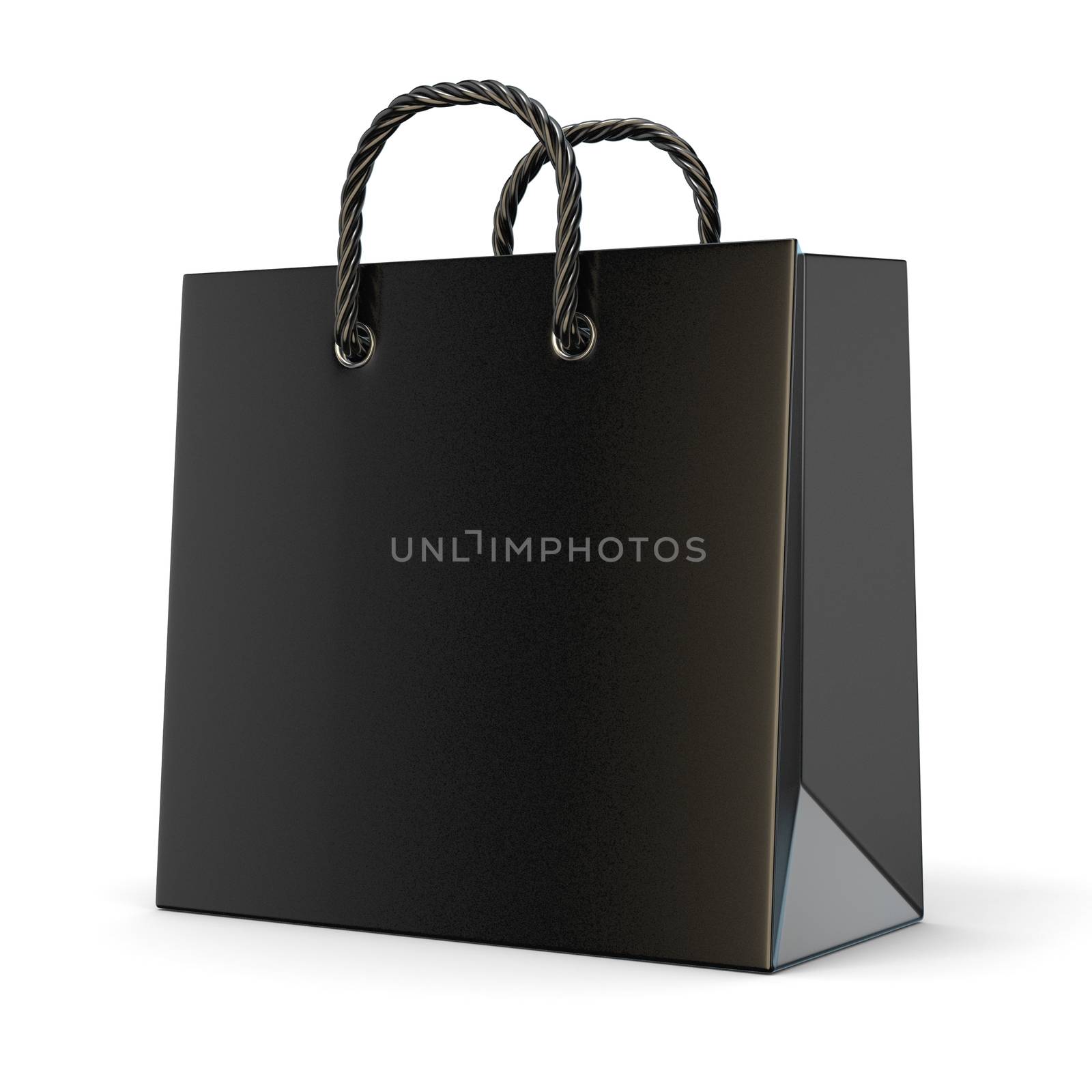 Single, empty, black, blank shopping bag. 3D render illustration isolated on white background