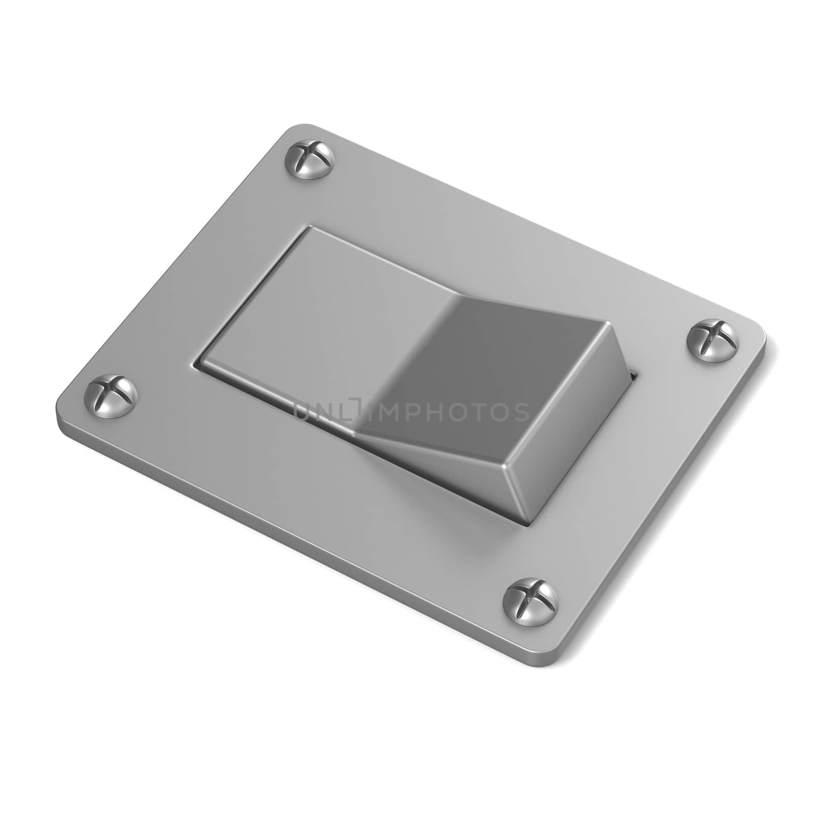 Blank, silver, power switch button. Angled view. 3D by djmilic