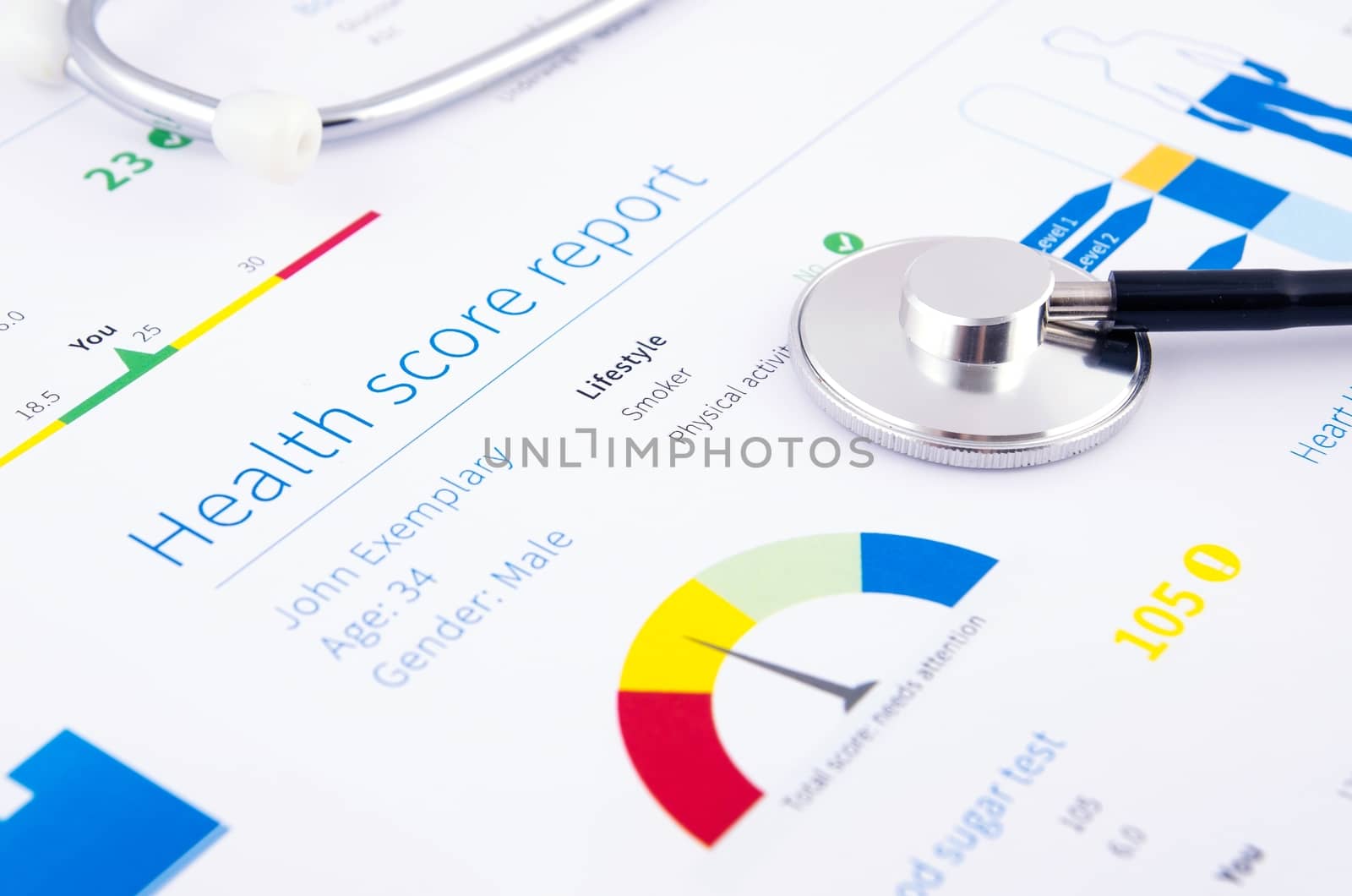 Health condition score report. Stethoscope on medical background.