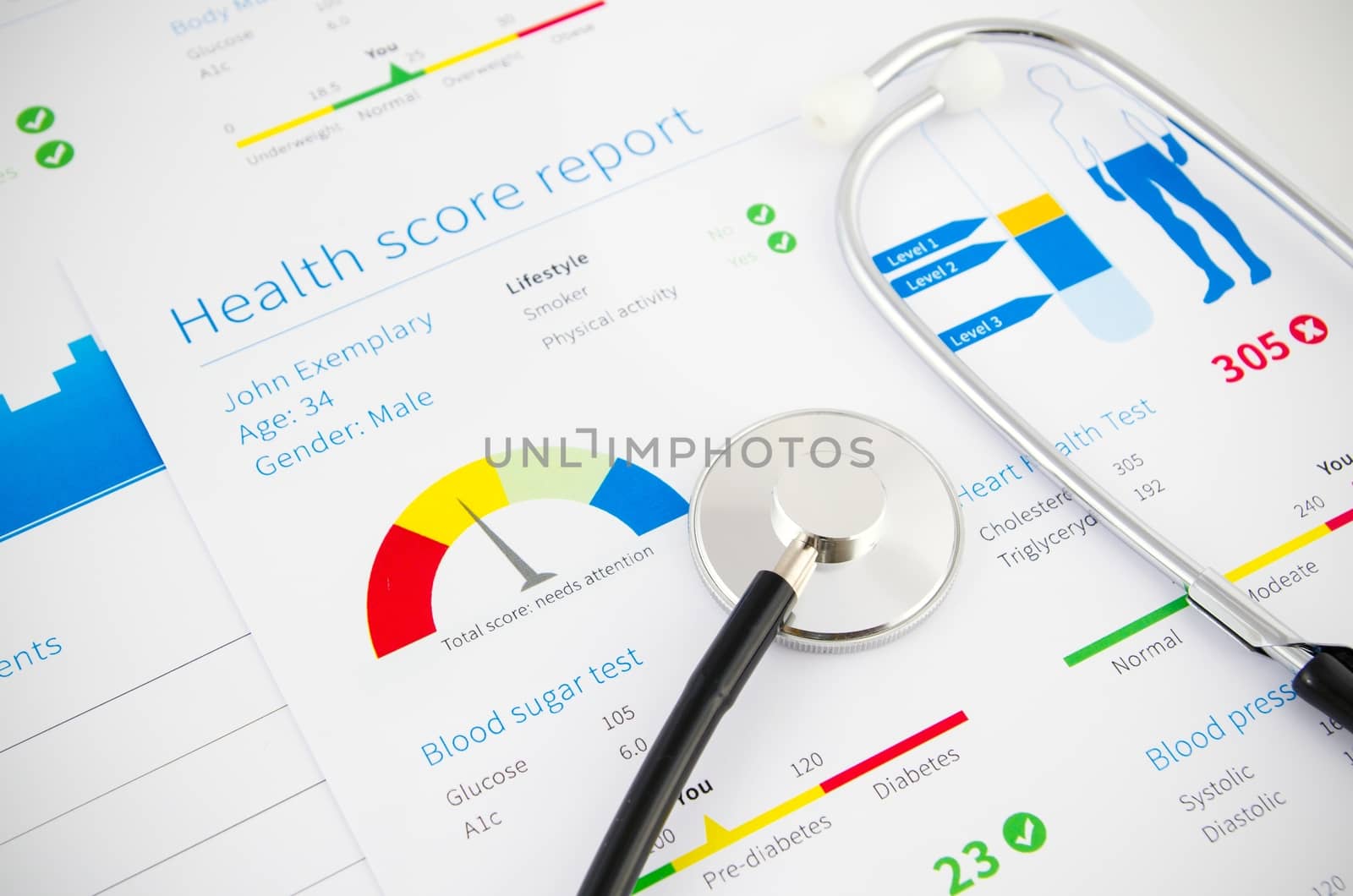 Health condition score report. Stethoscope on medical background by simpson33