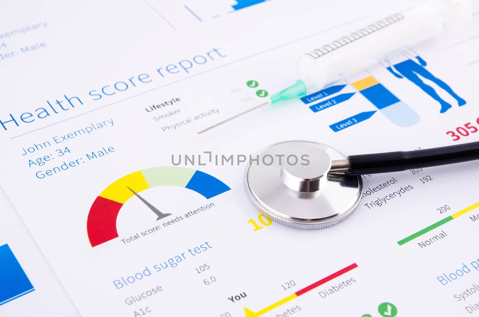 Health condition score report. Stethoscope on medical background by simpson33