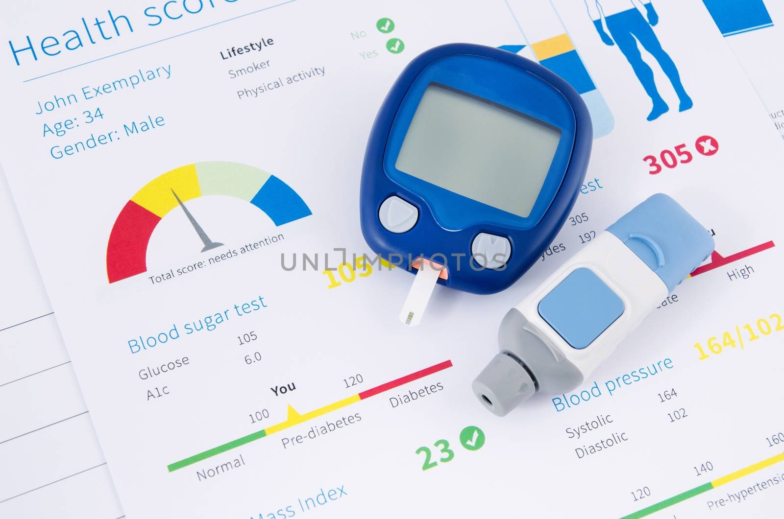 Health examination. Glucometer and test for diabetes