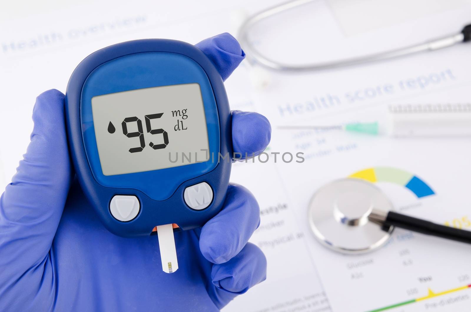 Doctor making blood sugar test. Hands with gloves on medical background 