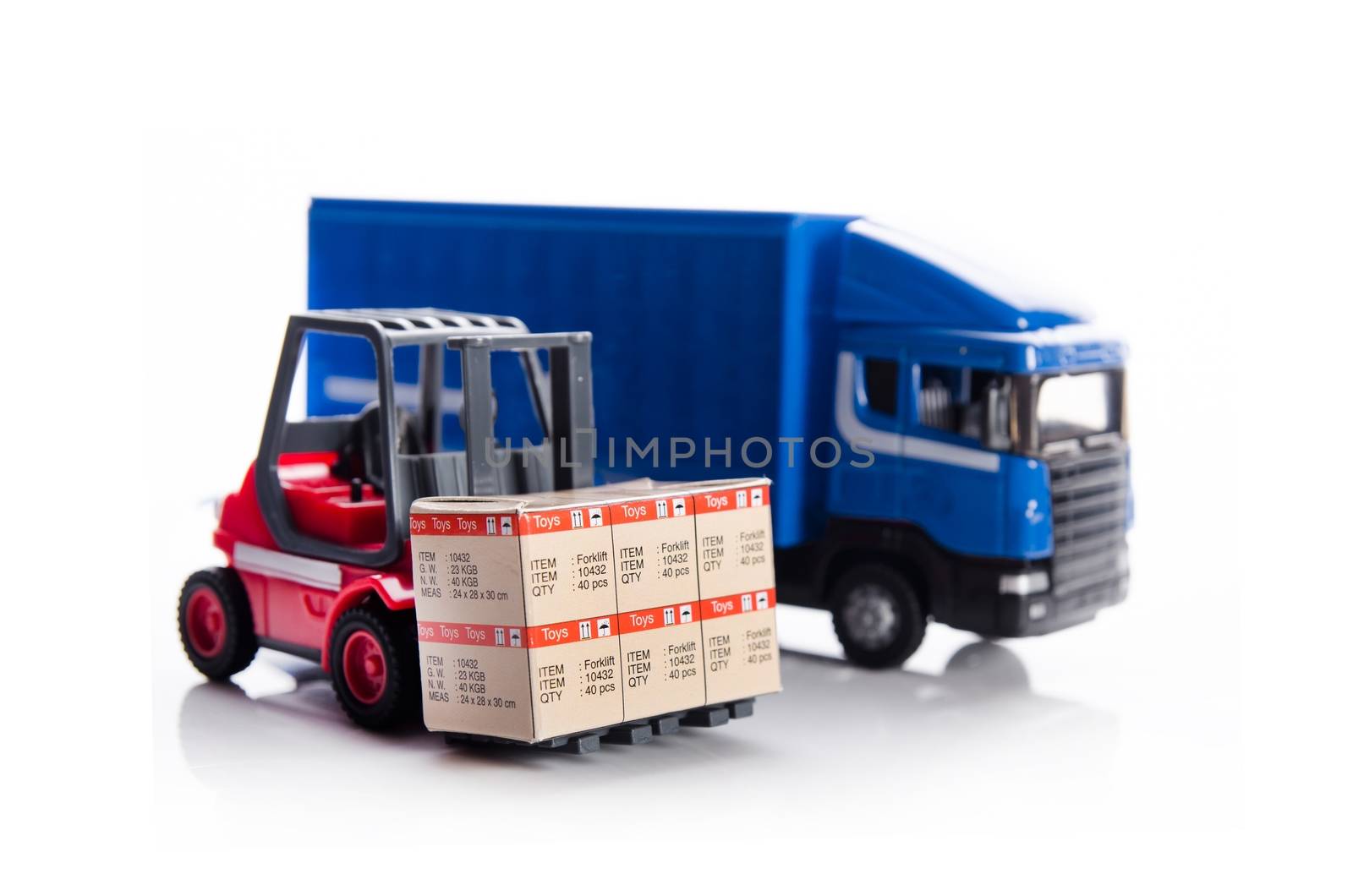 Forklift truck toys with boxes. Concept of international freight by simpson33