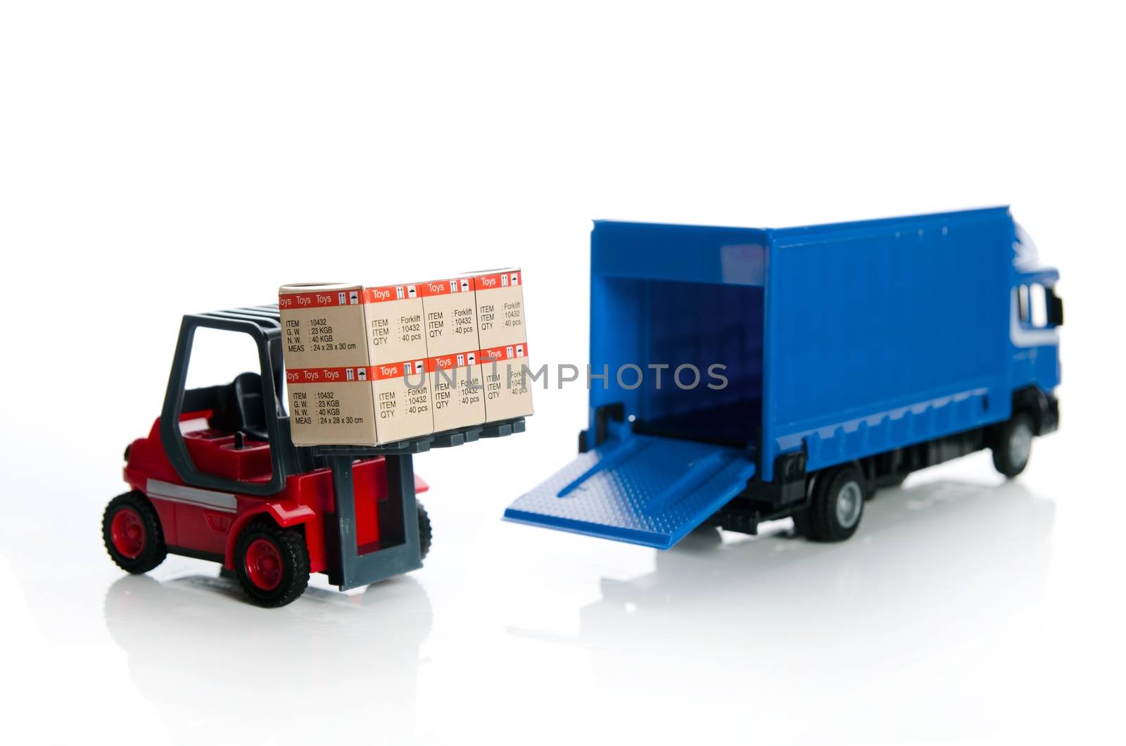 Forklift truck toys with boxes. Concept of international freight by simpson33