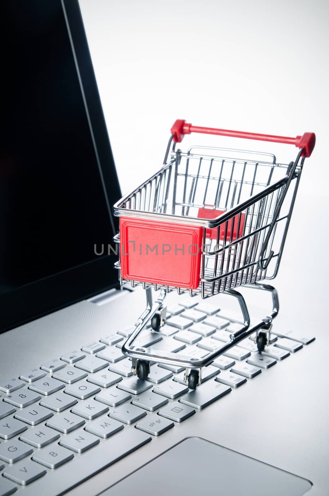 Internet shopping concept. Basket on laptop keyboard by simpson33