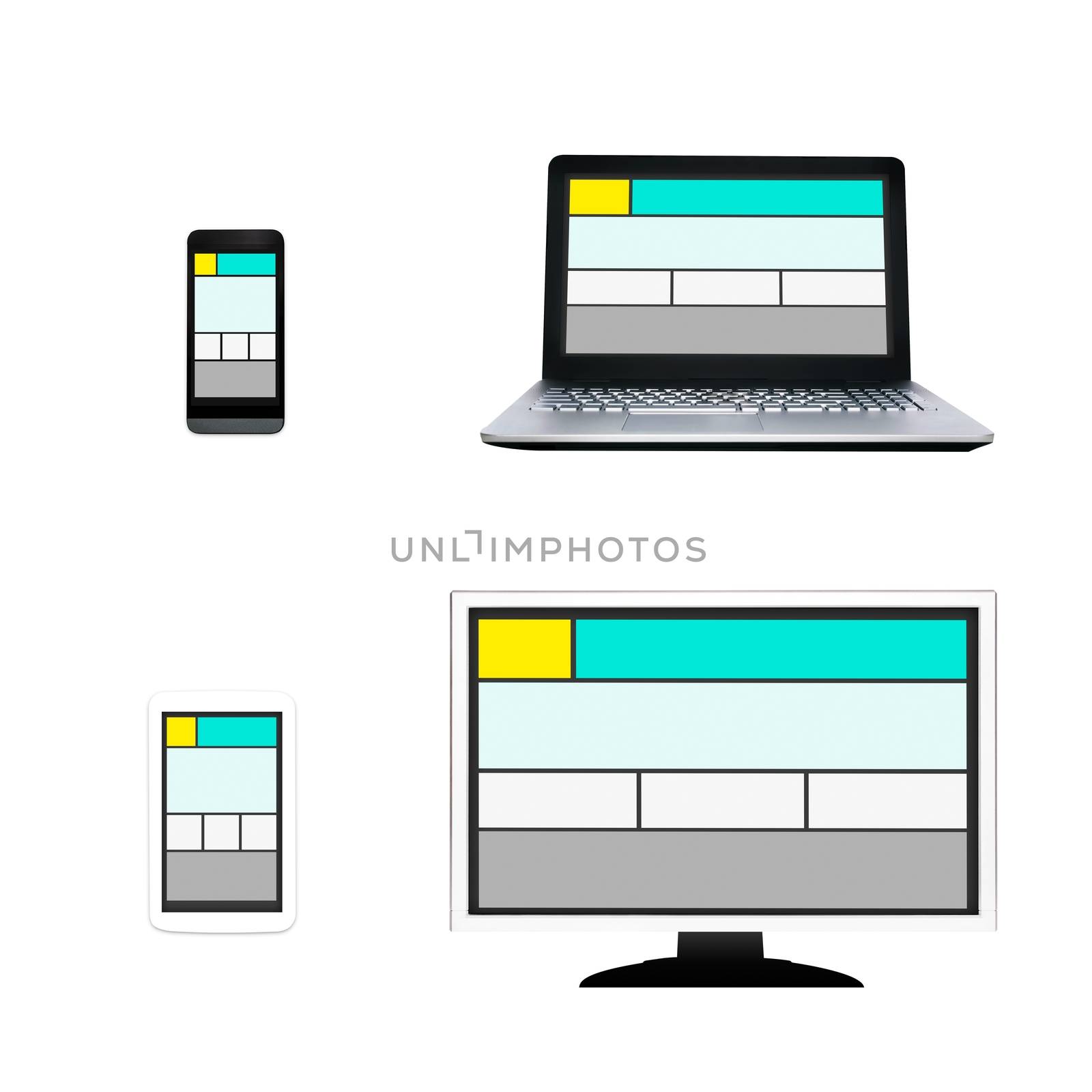 Responsive web design layout on different devices. Set on white background