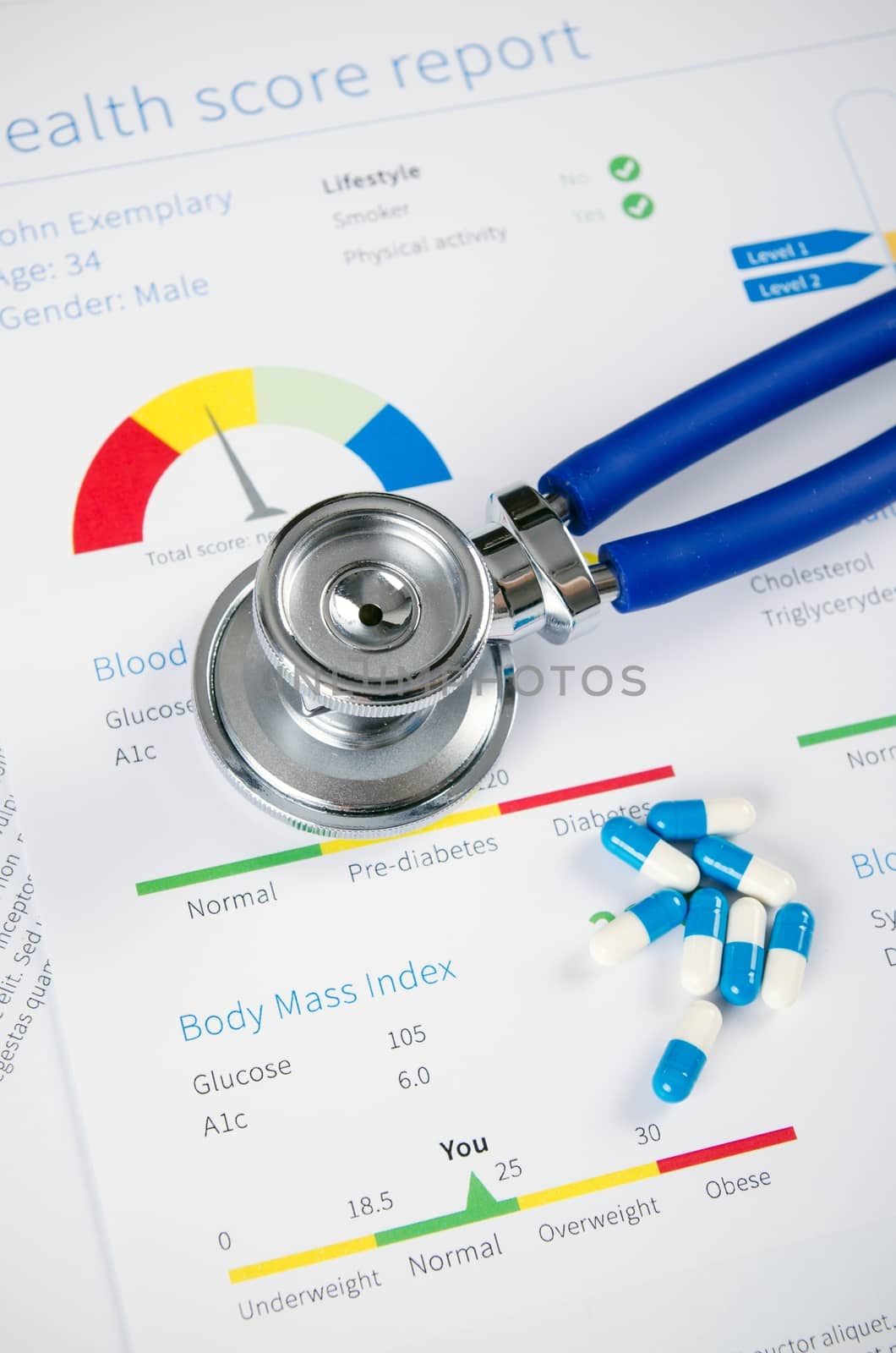 Health condition score report. Stethoscope on medical background by simpson33