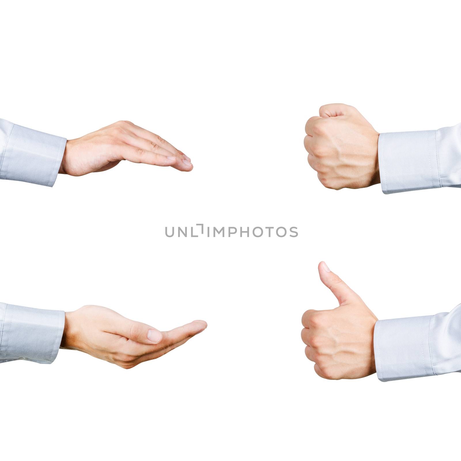 Businessman hands gesture set. Care, give, fist and thumb collection isolated on white background