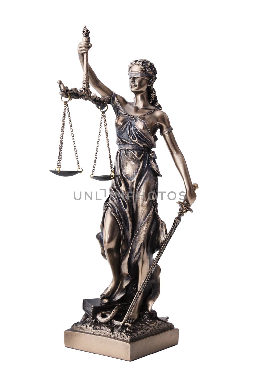 Themis with scale and sword isolated on white. Justice and law symbol statue