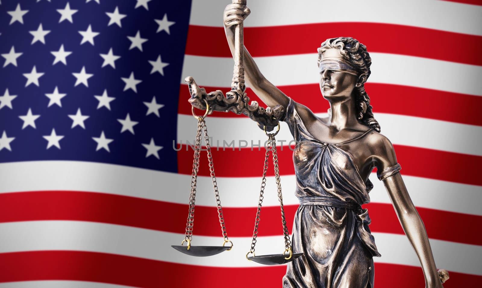 Themis with scale, symbol of justice on USA flag background by simpson33