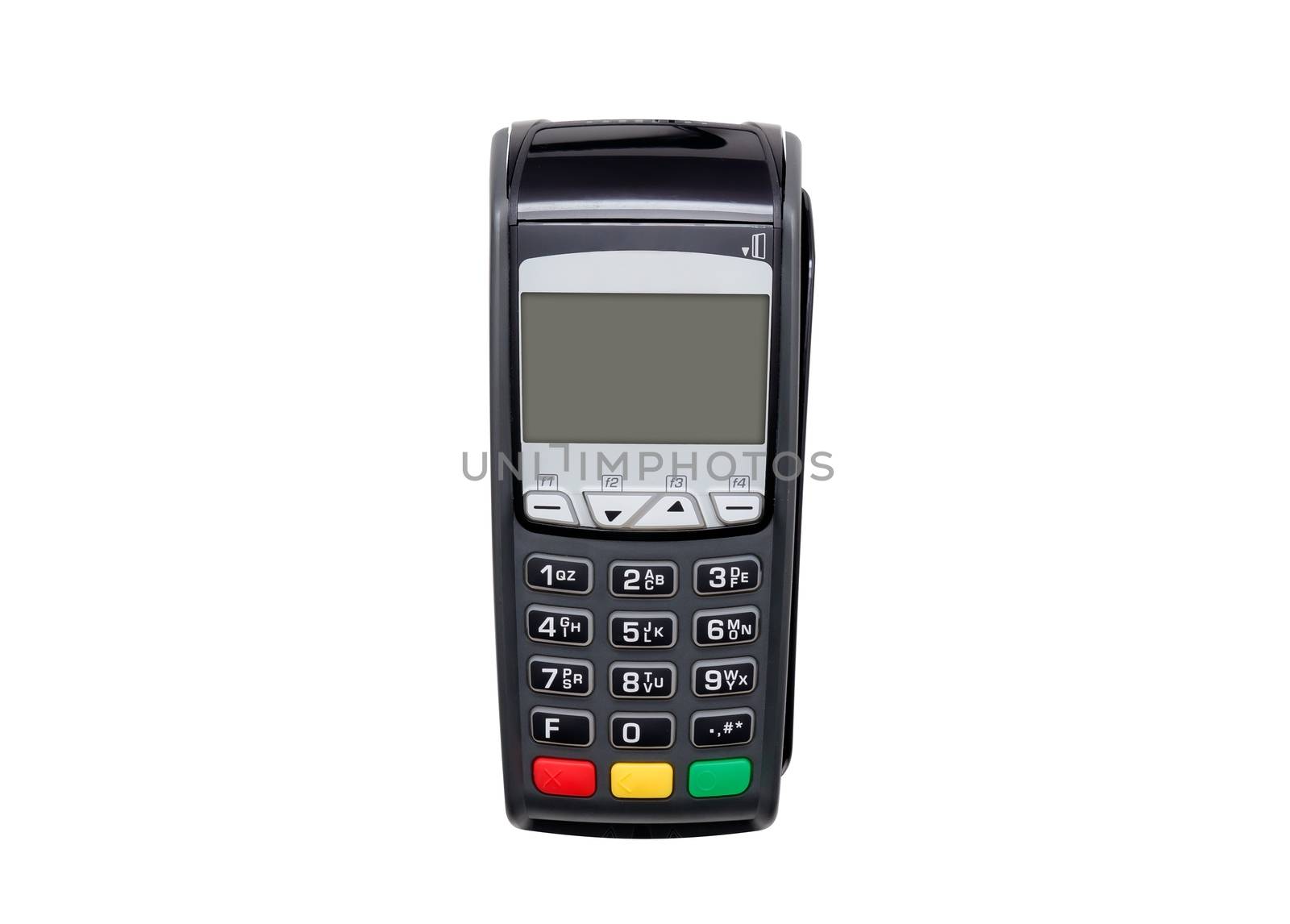 Payment terminal isolated on white. Front panel texture for obje by simpson33