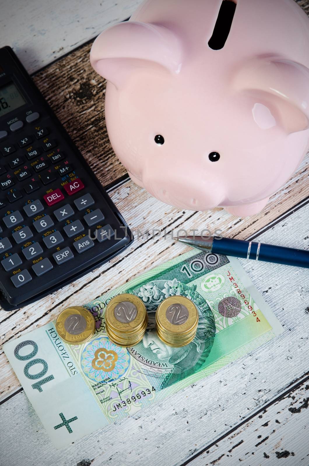 Polish coins and piggy bank. Calculating savings. by simpson33