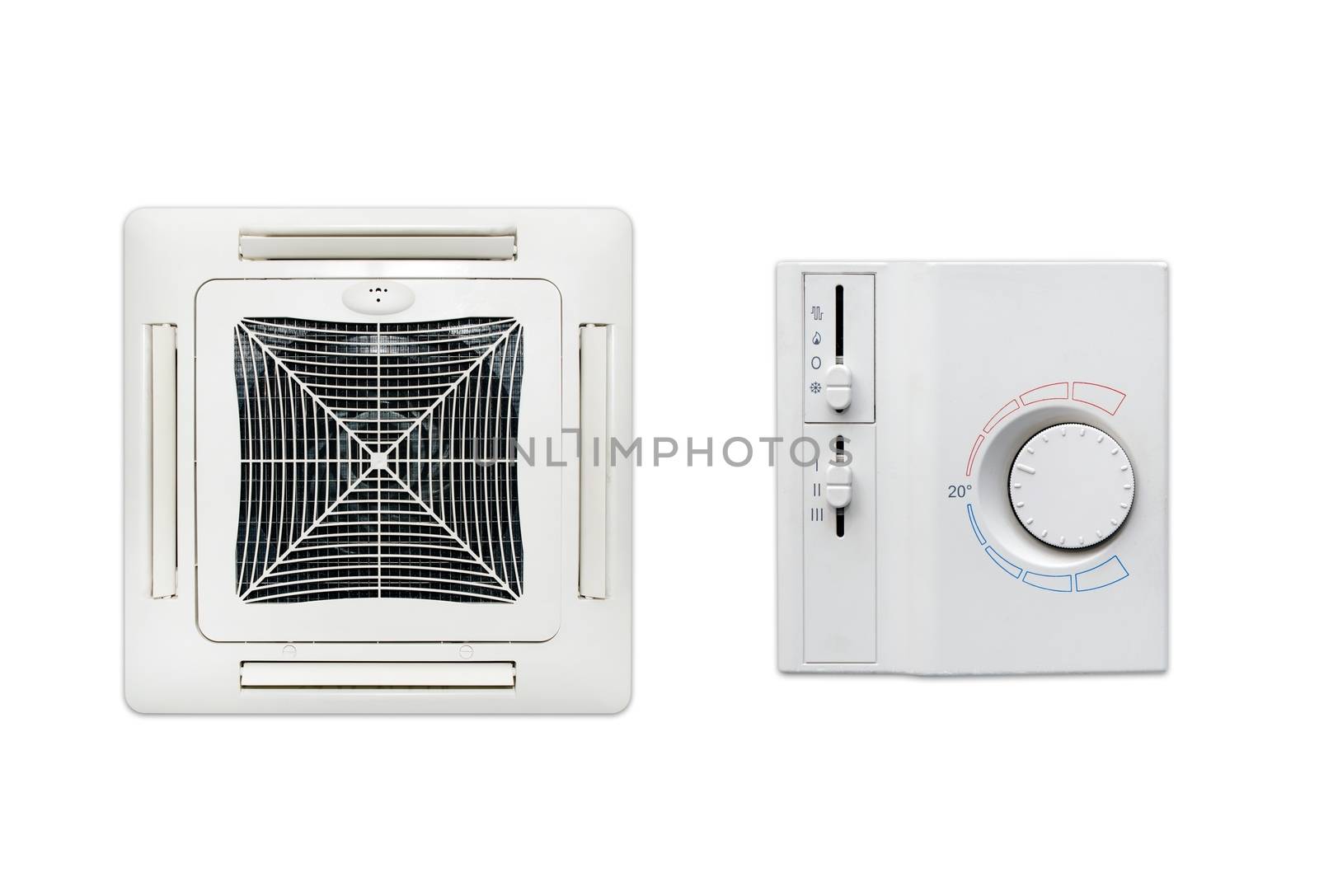 Ceiling air conditioner and thermostat set isolated on white bac by simpson33